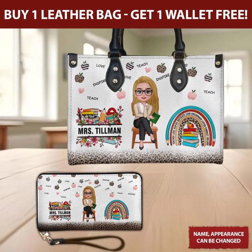 Personalized Teacher Leather Handbag With Free Wallet, Teach Love Inspire, Back To School Gift