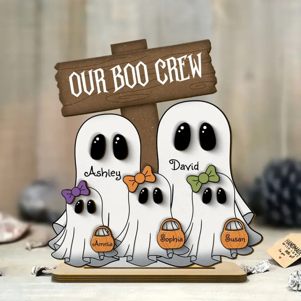 Family Boo Crew Personalized 2-Layer Standing Wooden Sign, Halloween Decor