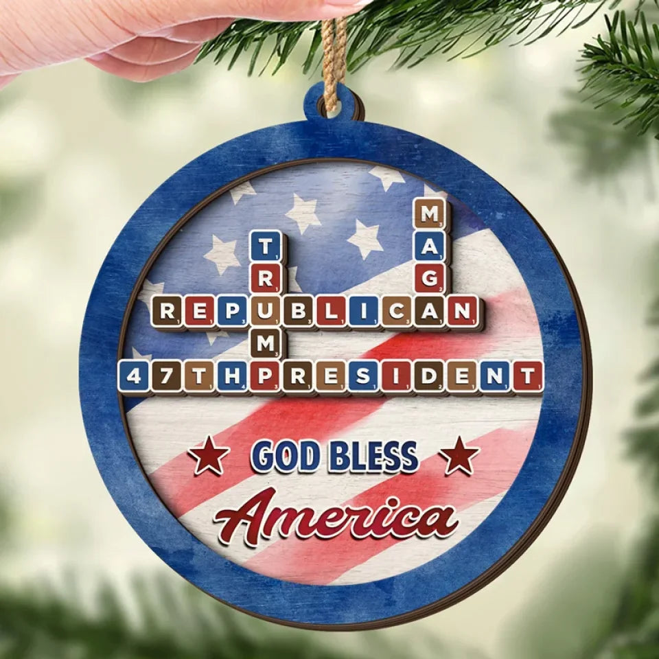 47th God Bless America Crossword Puzzle Ornament, Trump2024 2-Layer Wooden Ornament, Christmas Decor