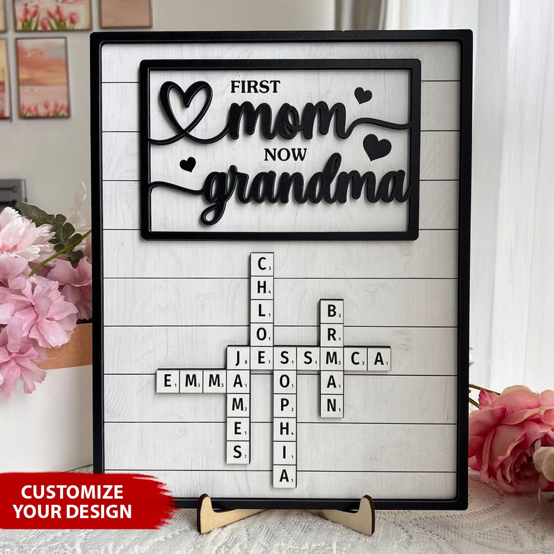 First Mom Now Grandma 2-Layered Wooden Plaque, Custom Name Crossword Wood Sign, Mother's Day Gift