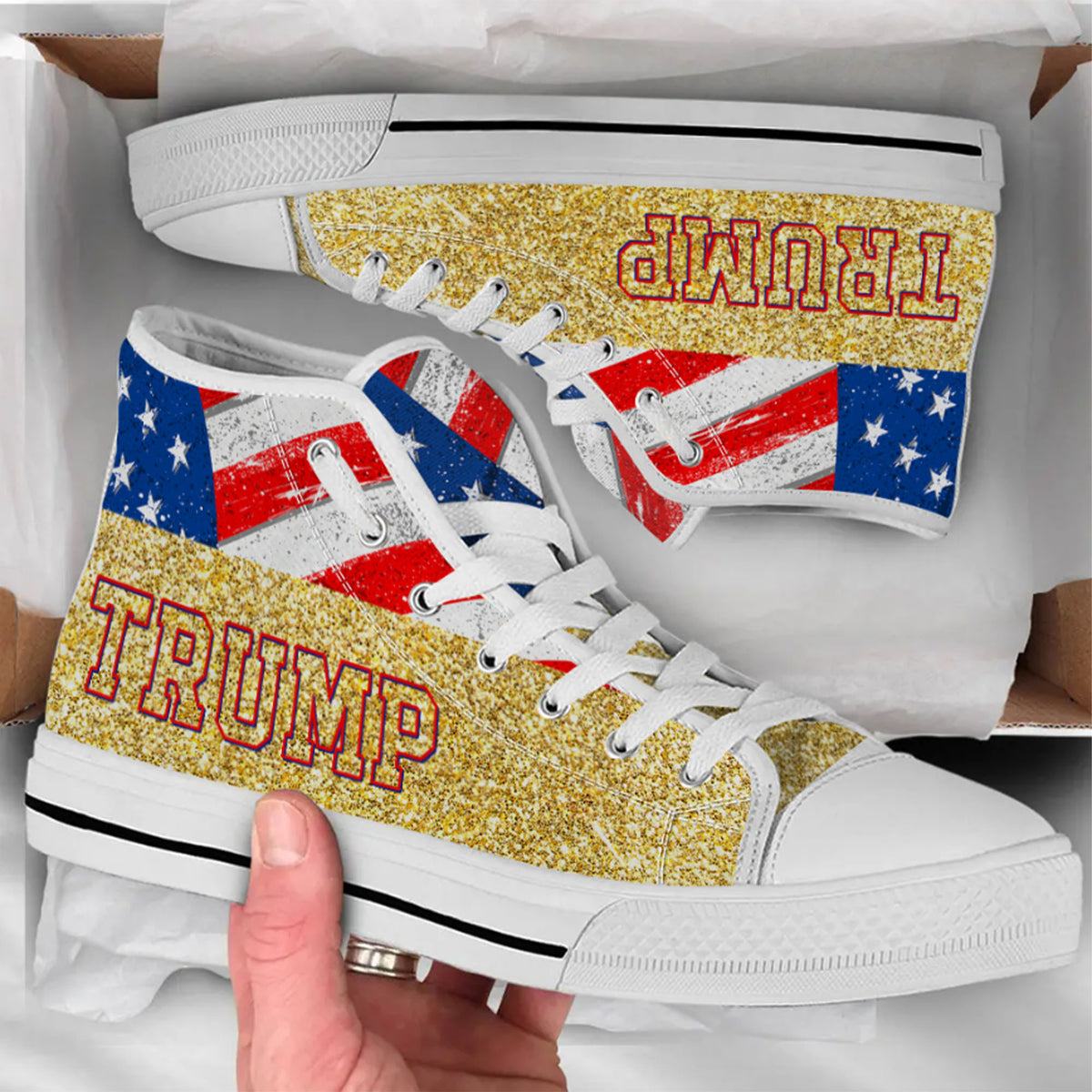 Trump2024 Gold Glitter Effect Unisex Shoes, Trump 2024 America President Canvas Shoes