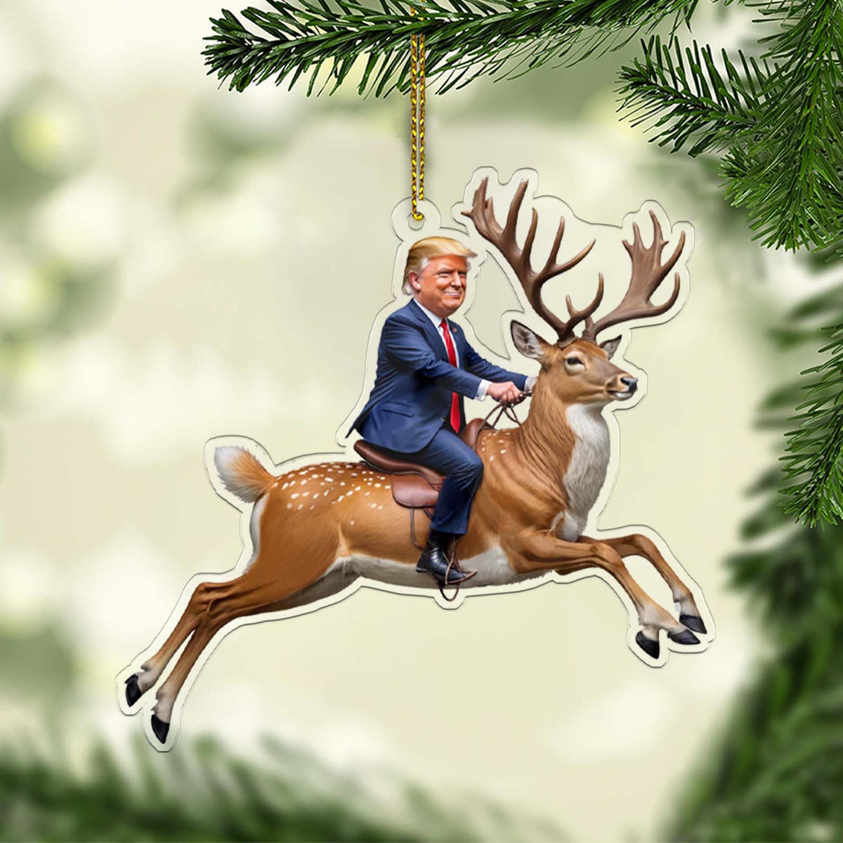 Trumpmaga Riding Reindeer Funny Acrylic Christmas Ornament, 47th President, Christmas Gifts