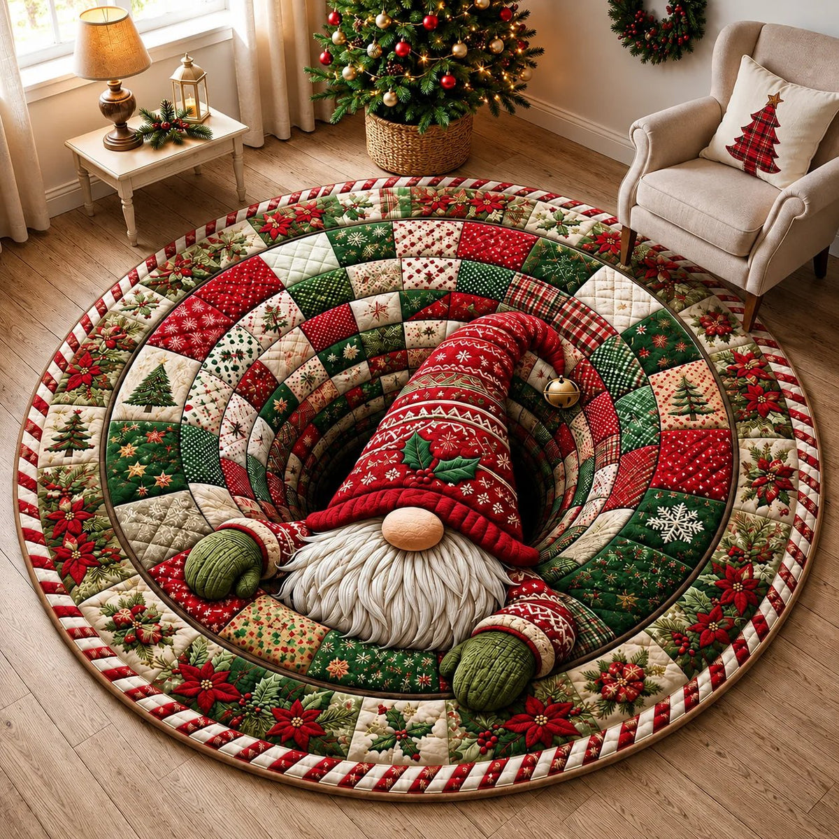 Christmas Gnome Patchwork 3D Round Rug