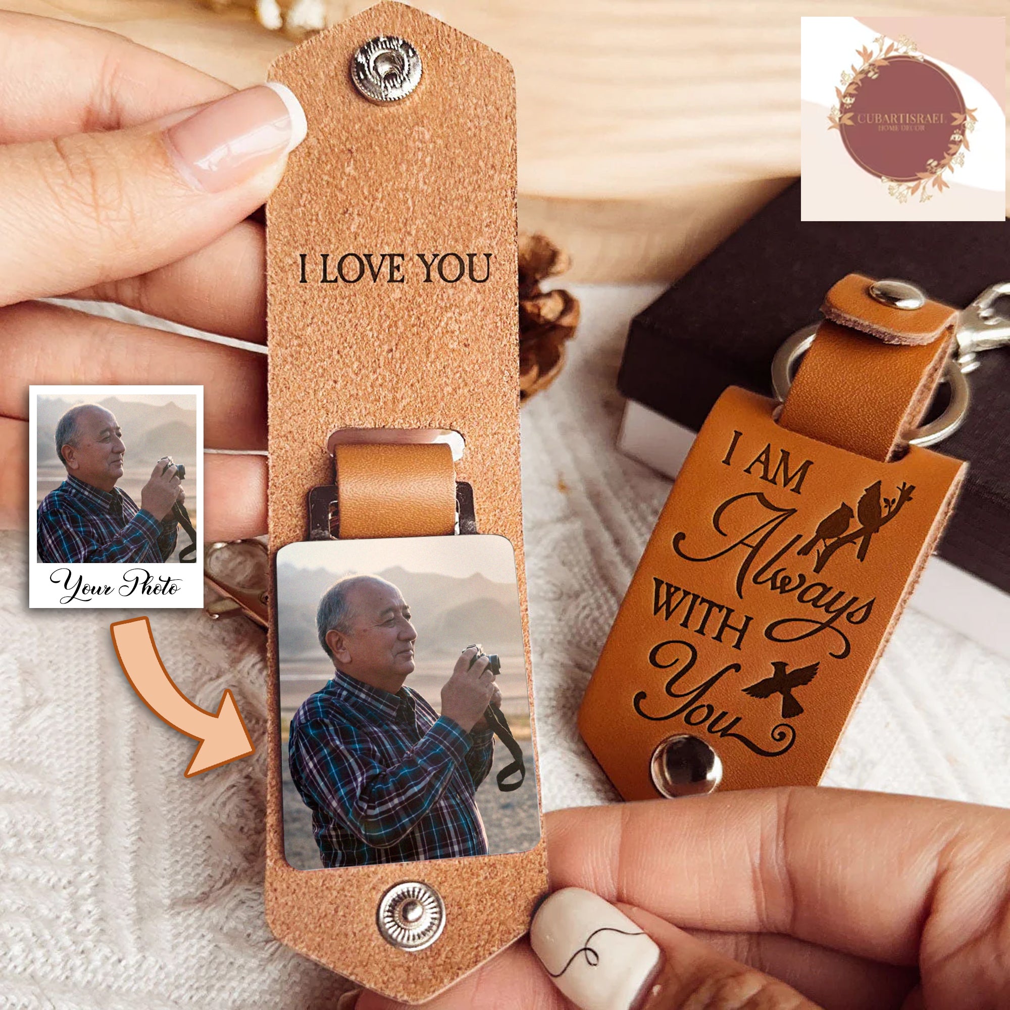 I Am Always With You Personalized Photo Leather Keychain, Memorial Gift for Dad