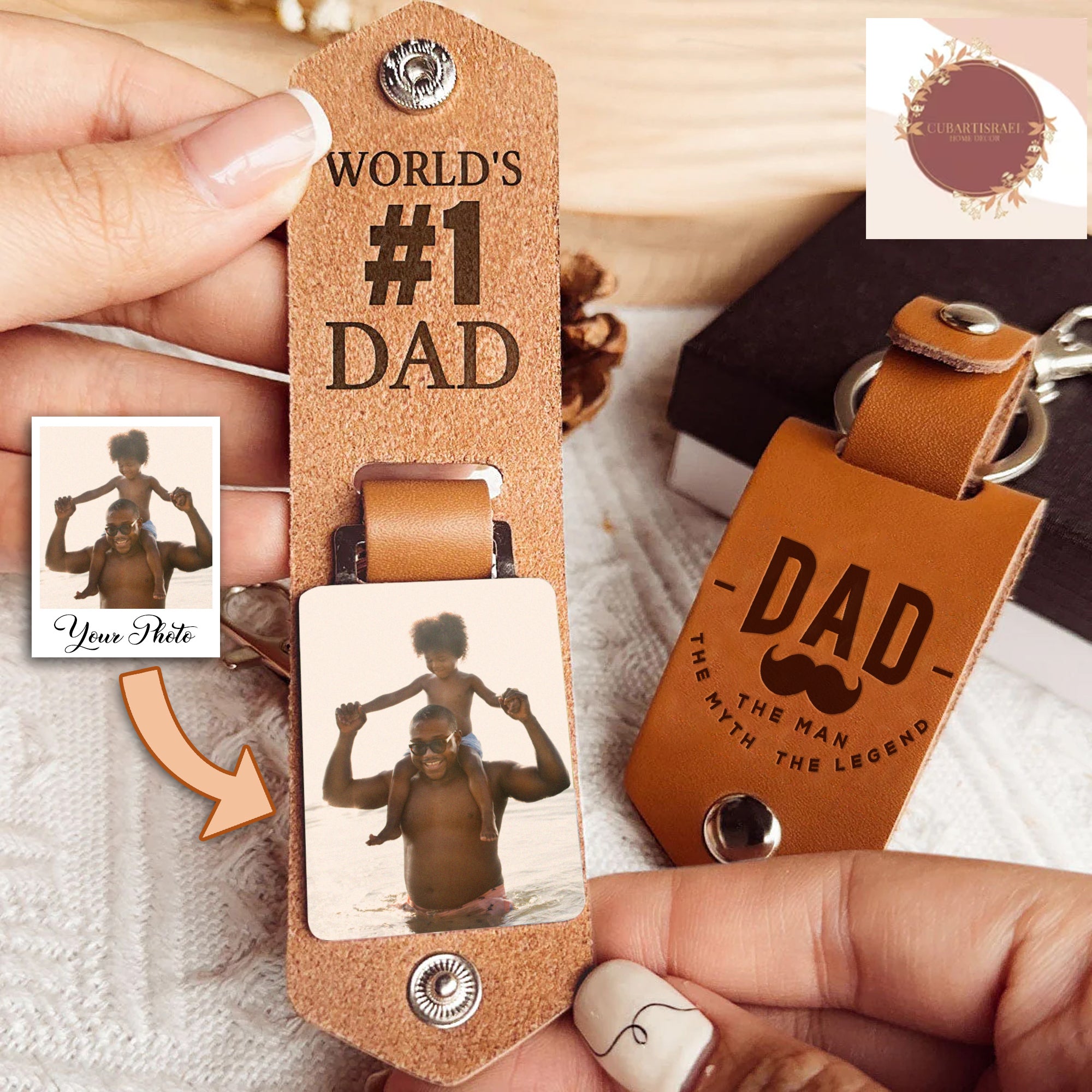 Dad The Man The Myth The Legend Personalized Photo Leather Keychain, Gift For Dad