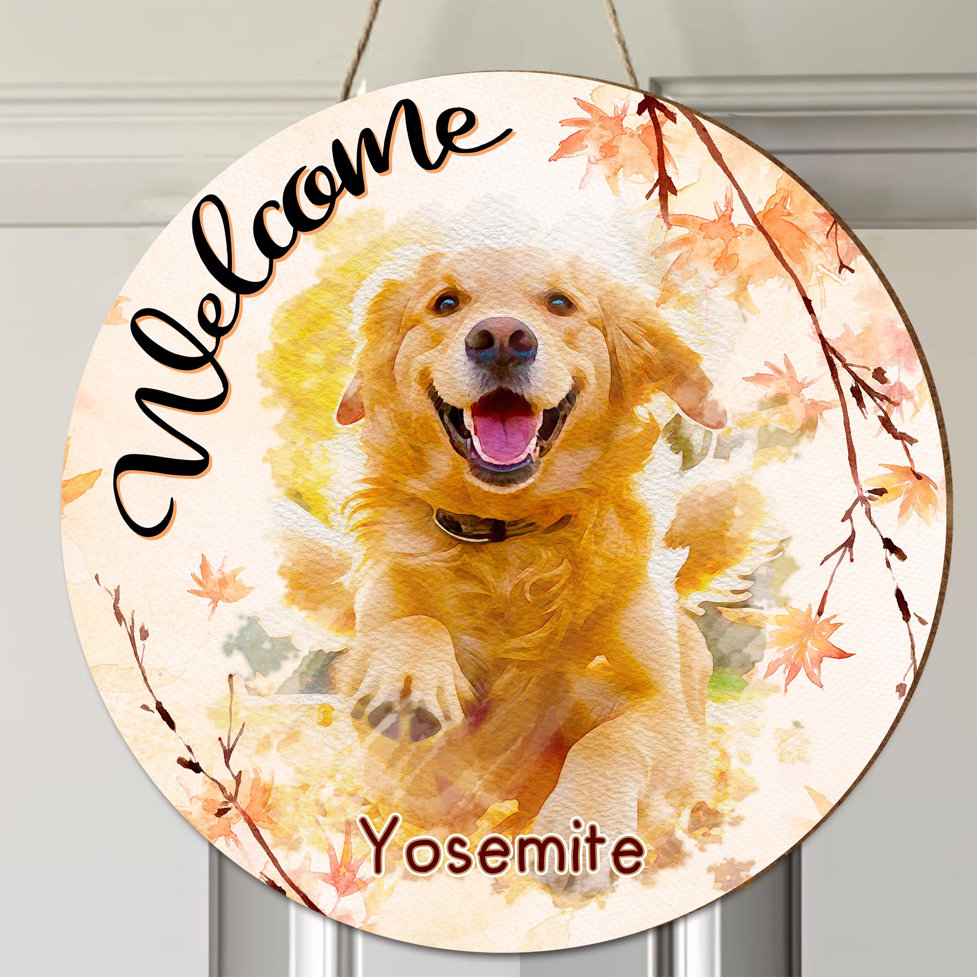 Custom Pet Portraits Watercolor Autumn Welcome Door Sign, Thanksgiving Gifts