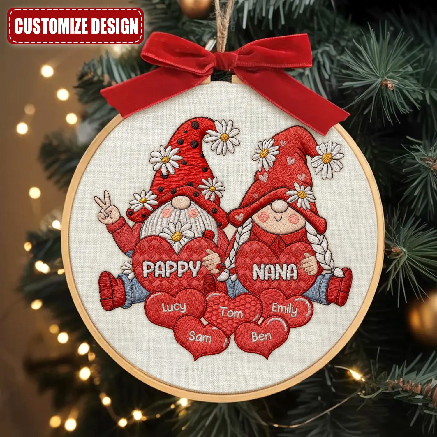 Personalized Gnome Grandparents Embroidery Hoop Ornament, Sweet Heart Kids Ornament, Christmas Presents For Grandparents
