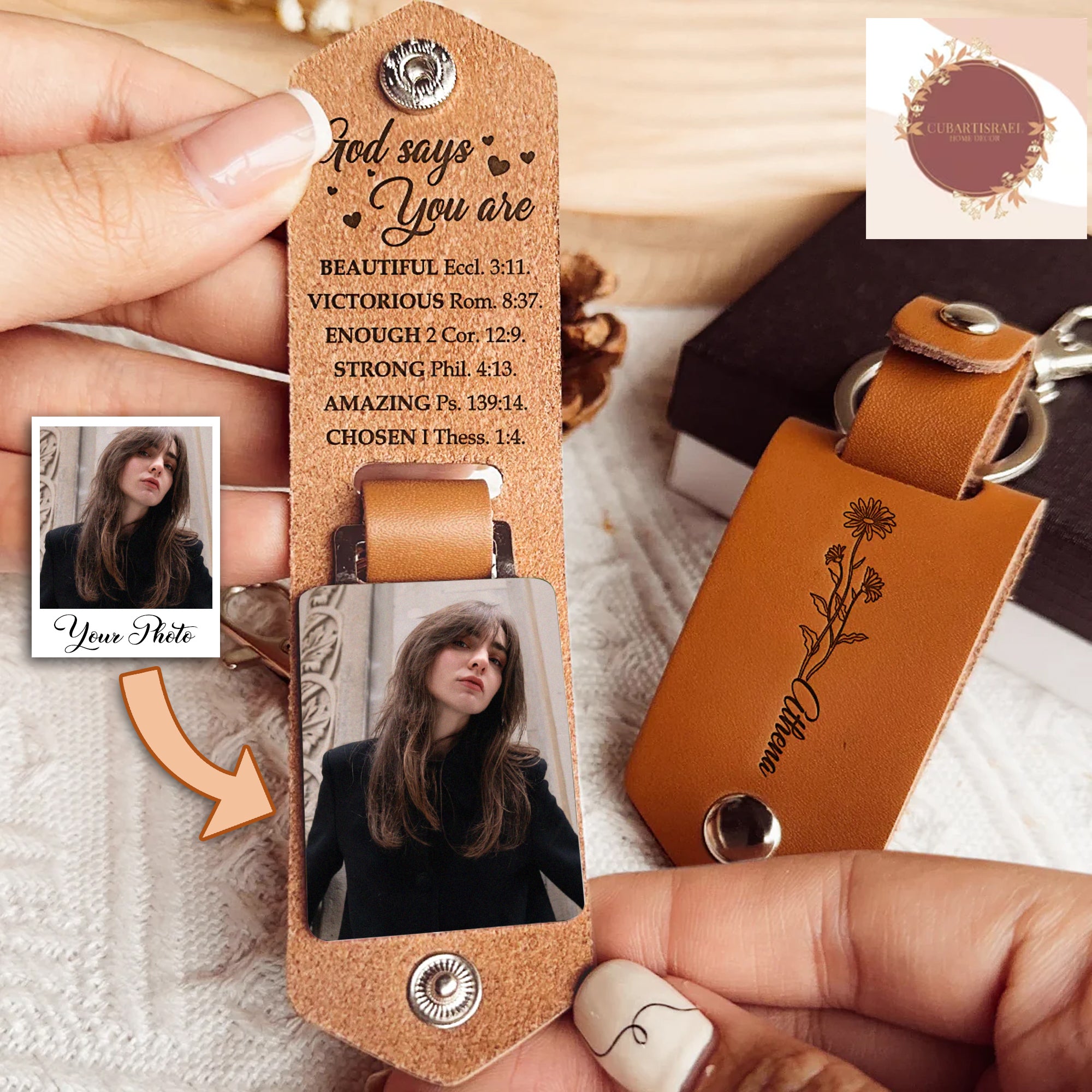 God Says You Are Personalized Photo Leather Keychain, Gift For Mom Grandma