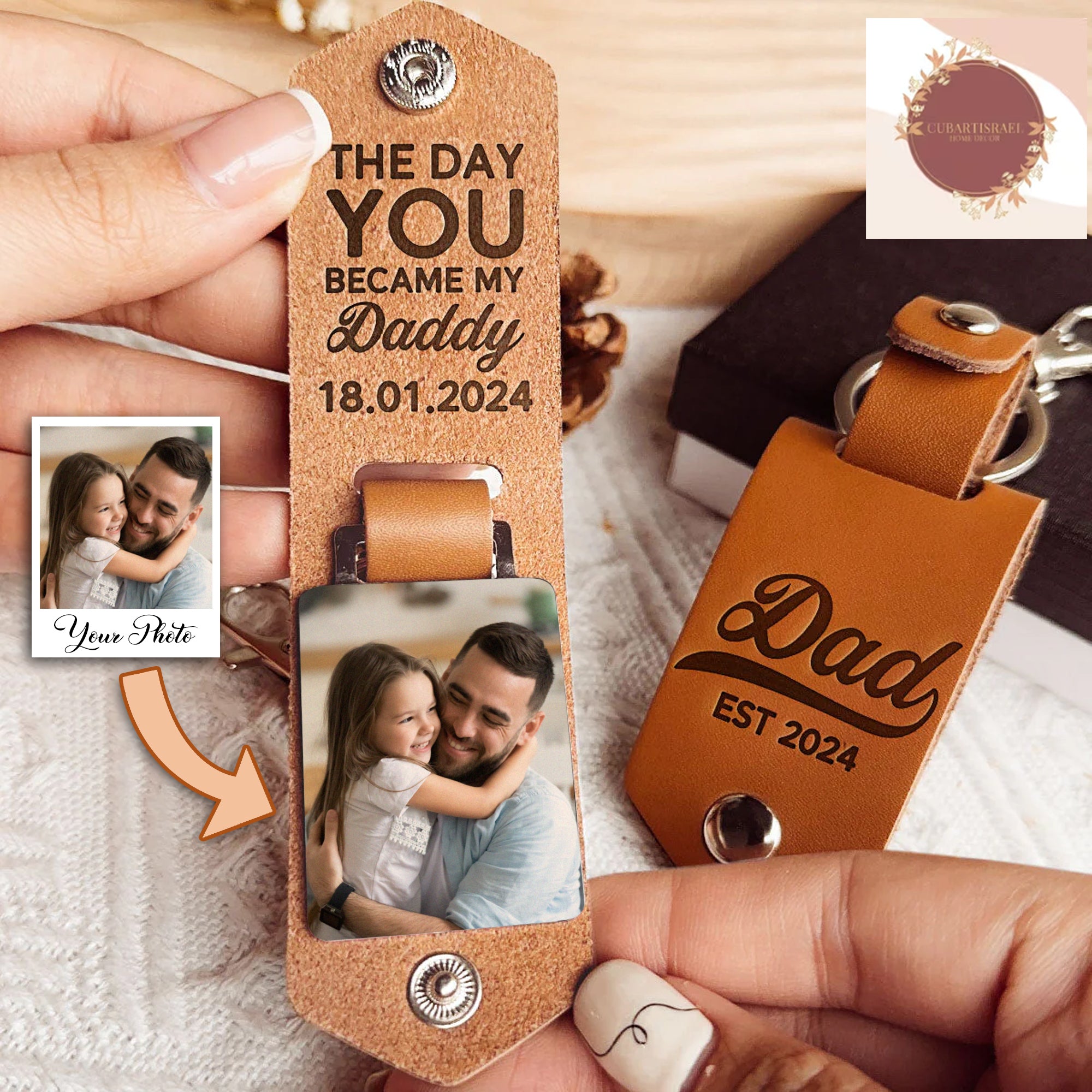 The Day You Became My Daddy Personalized Photo Leather Keychain, Gift For Dad