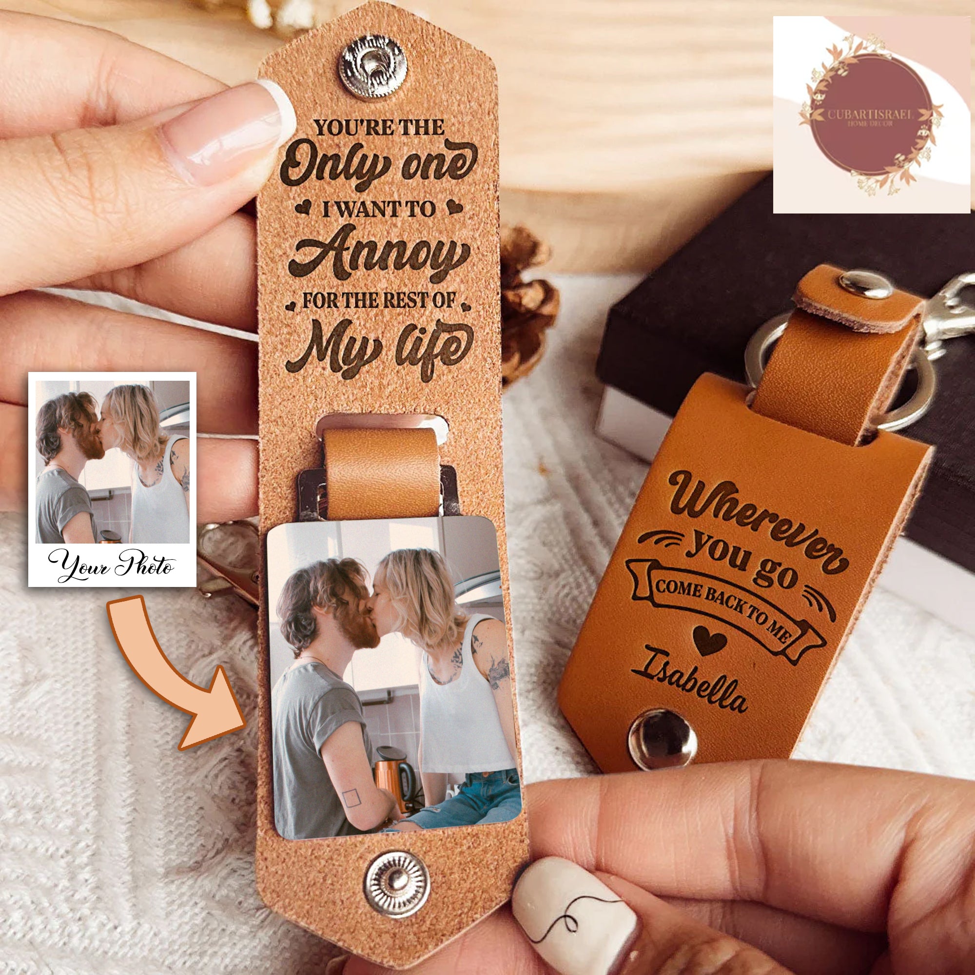 Wherever You Go, Come Back To Me Personalized Photo Leather Keychain, Gift for Couple