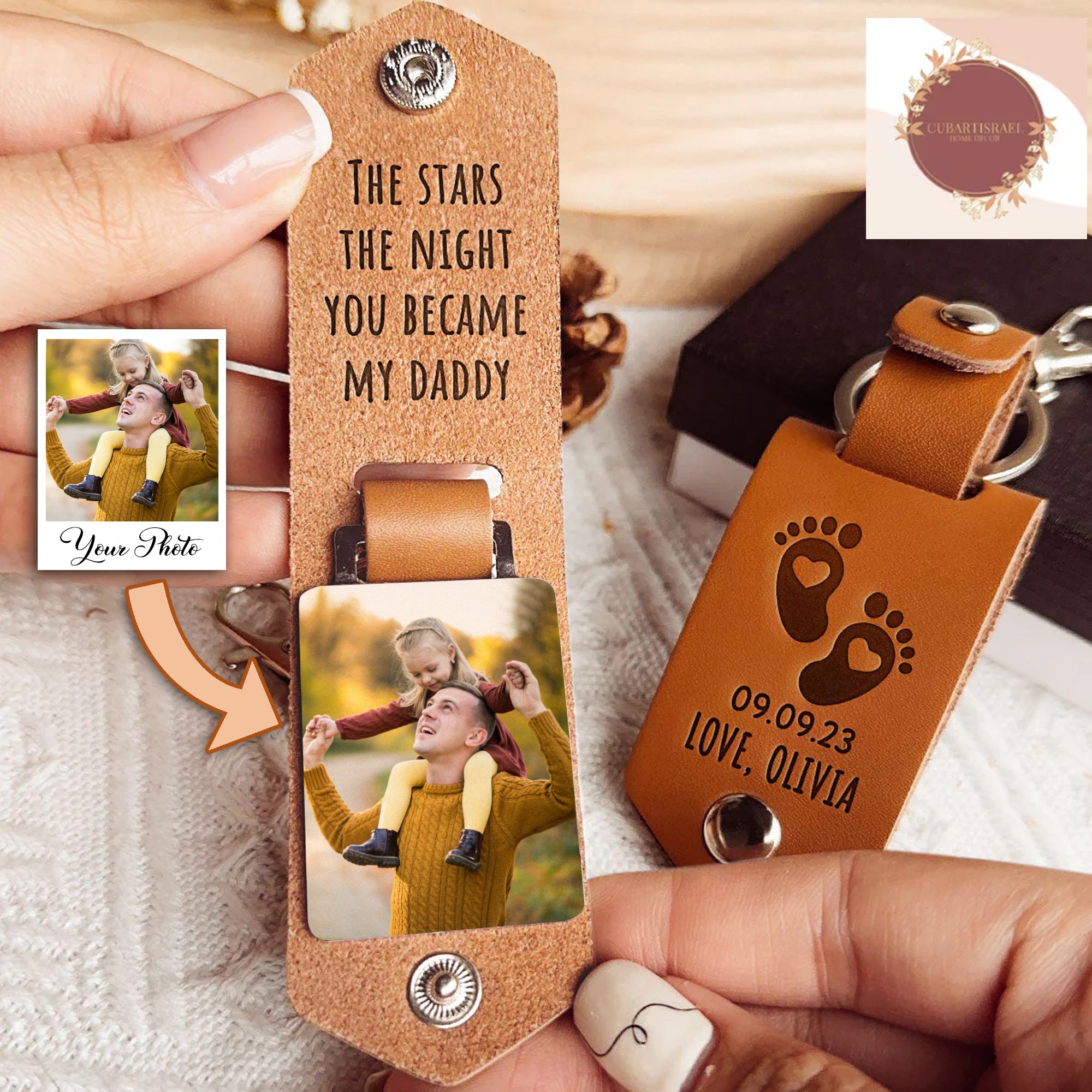 The Stars The Night You Became My Daddy Personalized Photo Leather Keychain, Gift for Dad