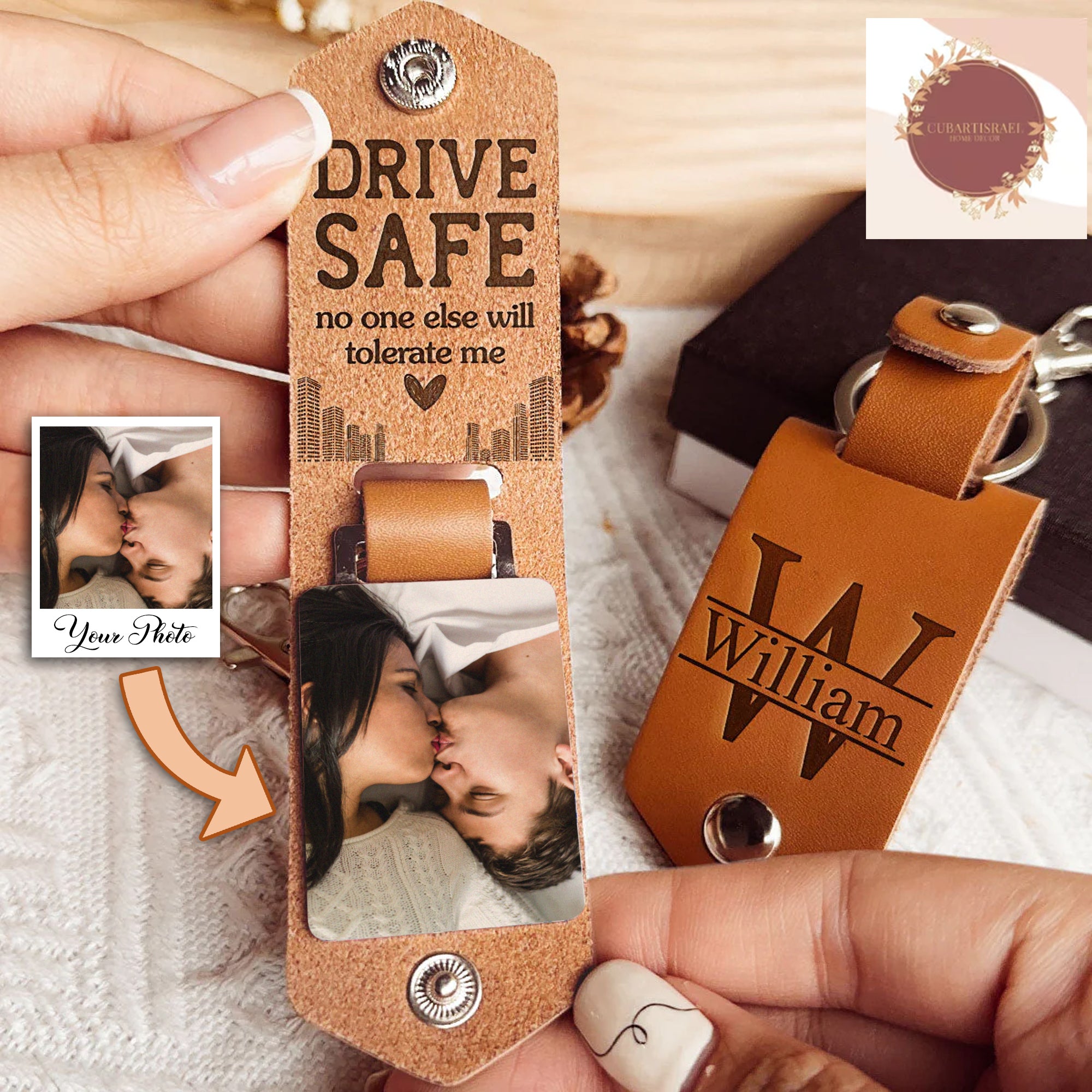 Drive Safe No One Else Will Tolerate Me Personalized Photo Leather Keychain, Gift for Couple