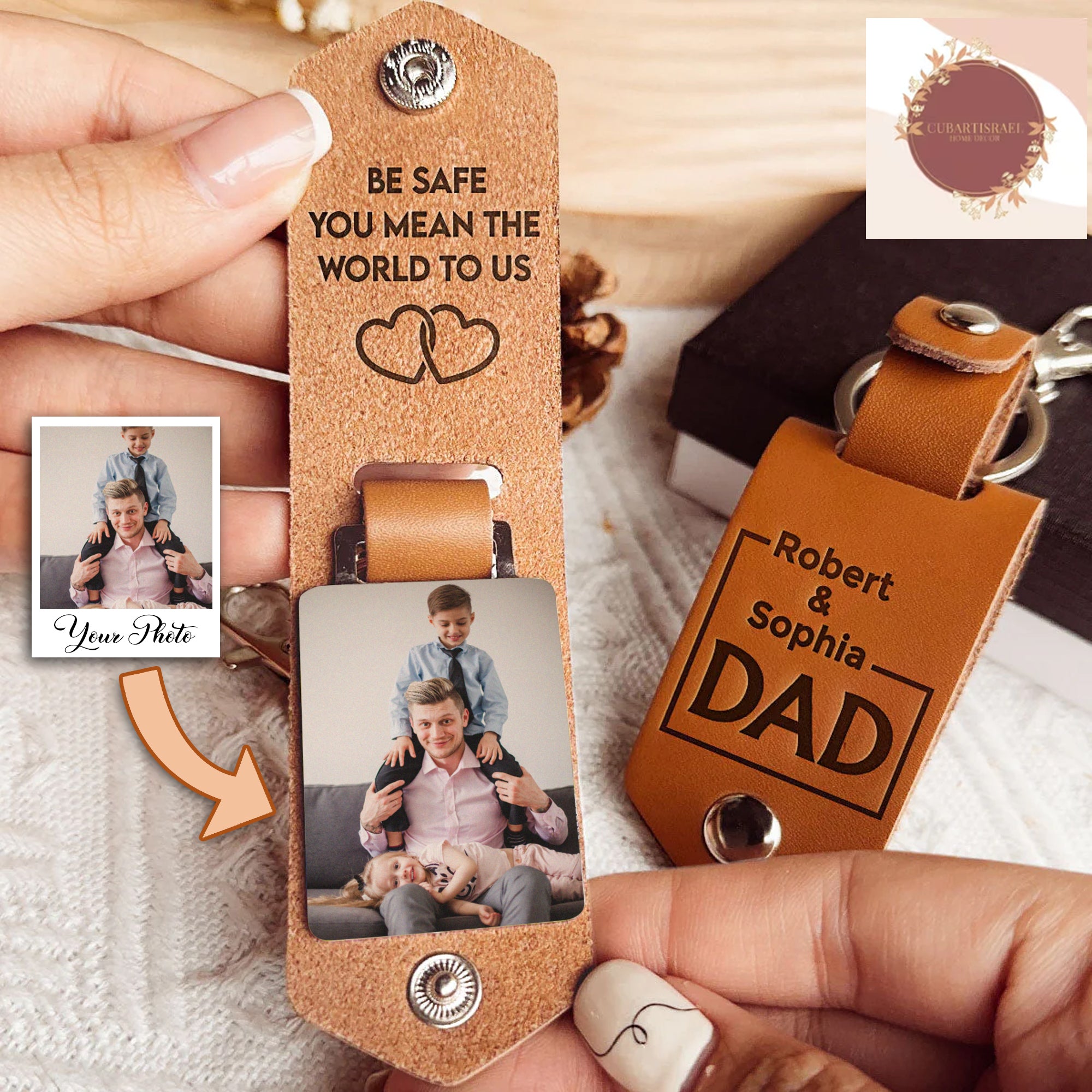 Be Safe You Mean The World To Us Personalized Photo Leather Keychain, Gift for Dad