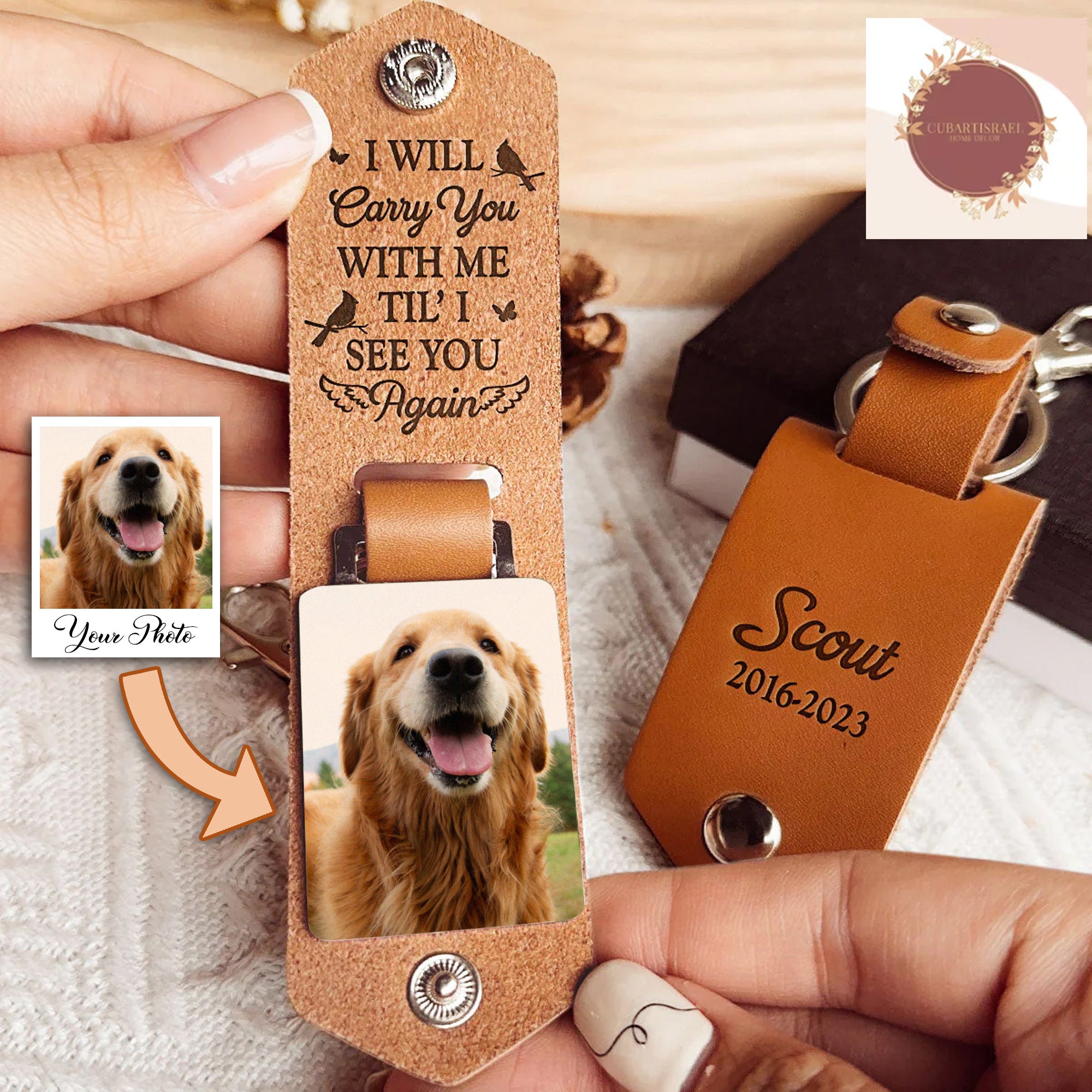 I Will Carry You With Me Personalized Photo Leather Keychain, Memorial Gift For Dog Lovers