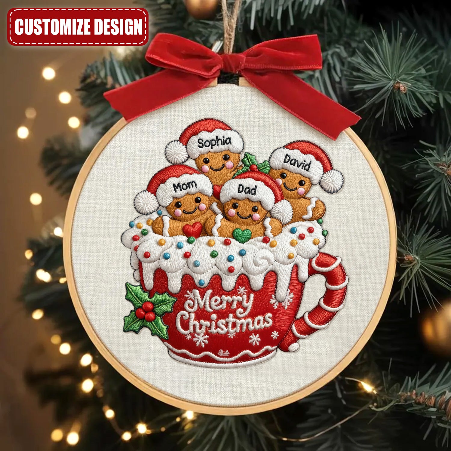 Merry Christmas Gingerbread Family Embroidery Hoop Ornament, Family Christmas Gift, Xmas Decor