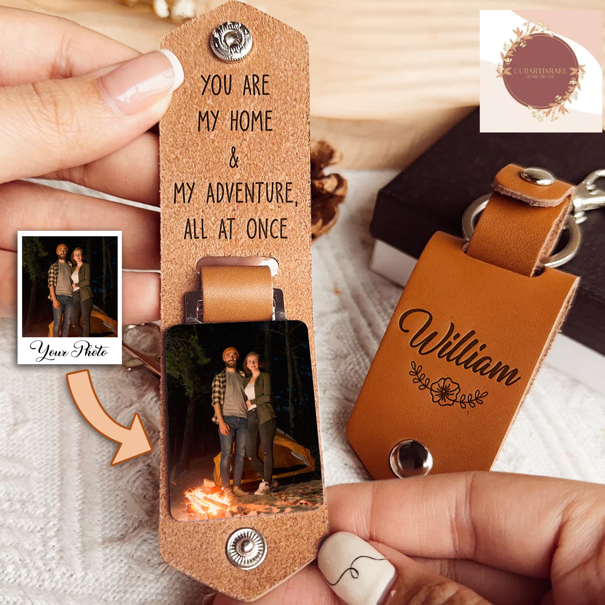 You Are My Home & My Adventure All At Once Personalized Photo Leather Keychain, Gift for Couple