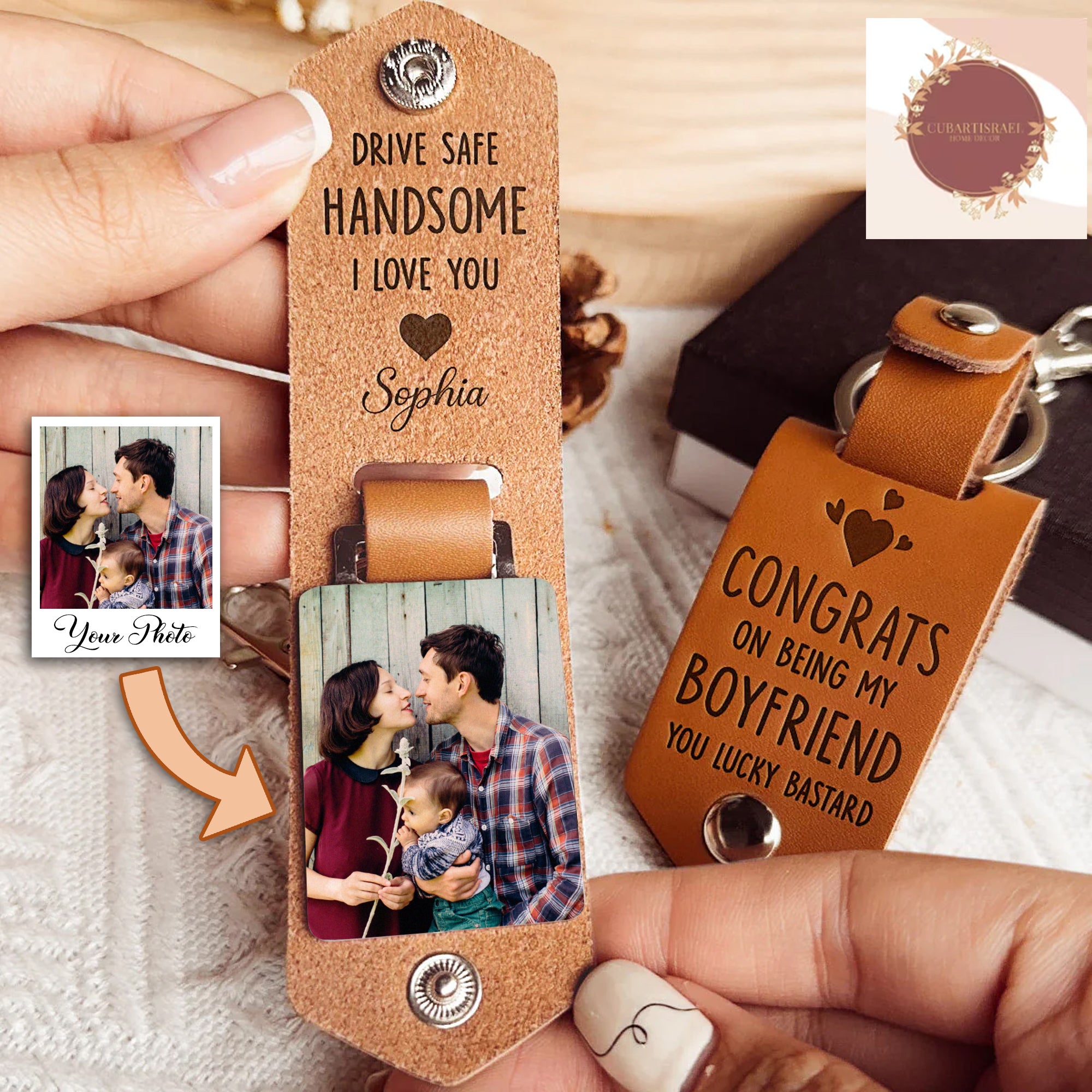 Congrats On Being My Boyfriend Personalized Photo Leather Keychain, Gift for Couple