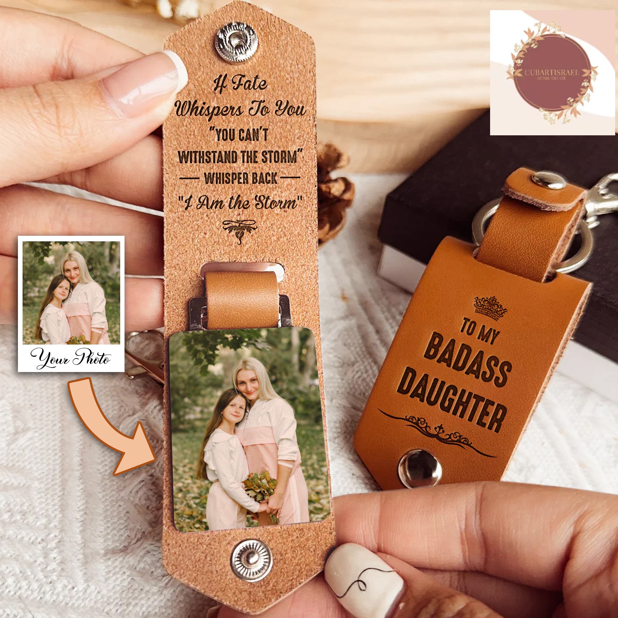 To My Badass Daughter Personalized Photo Leather Keychain, Gift for Daughter