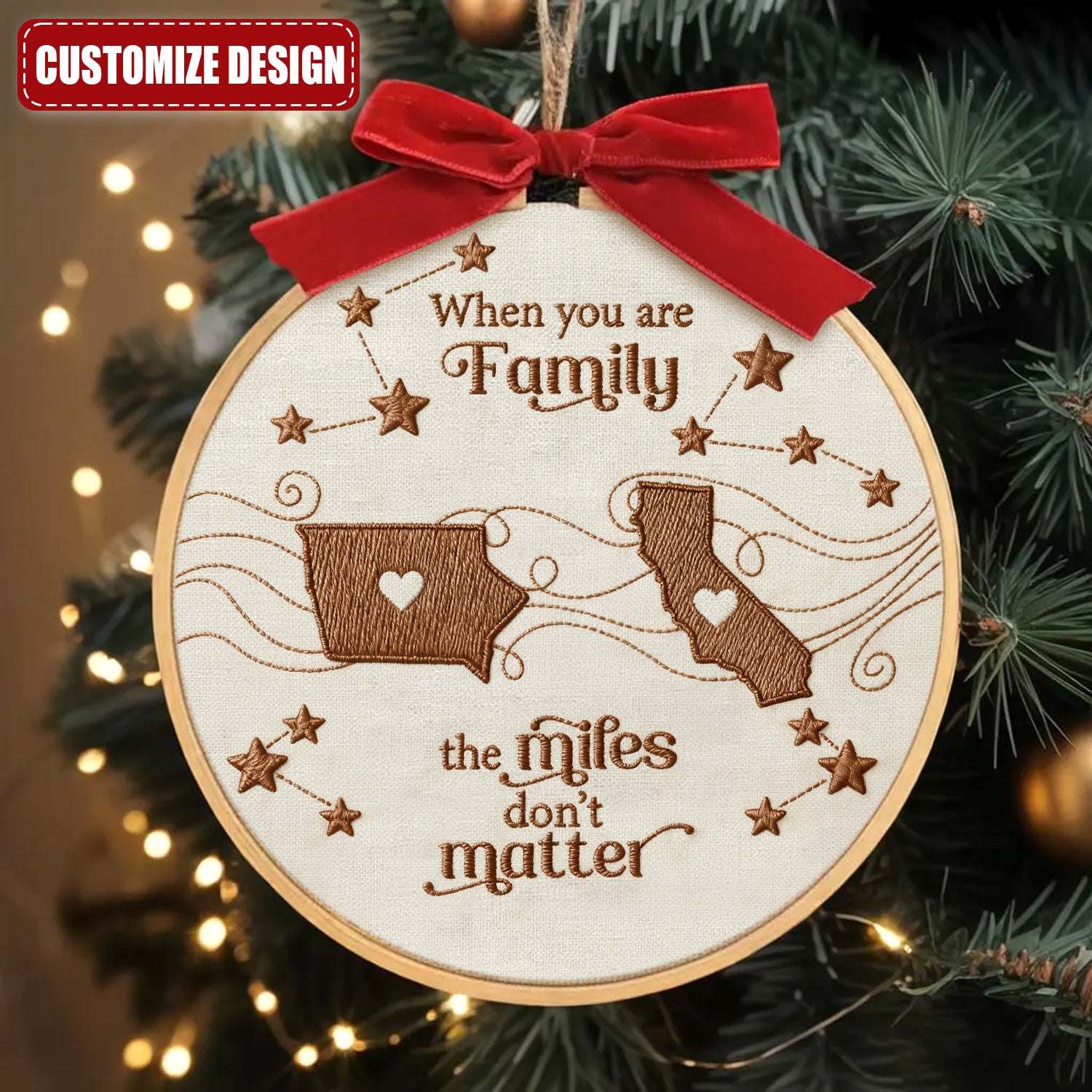 Long Distance Family, Friends, or Sisters Embroidery Hoop Ornament, Embroidered Ornament, Personalized Christmas Gift