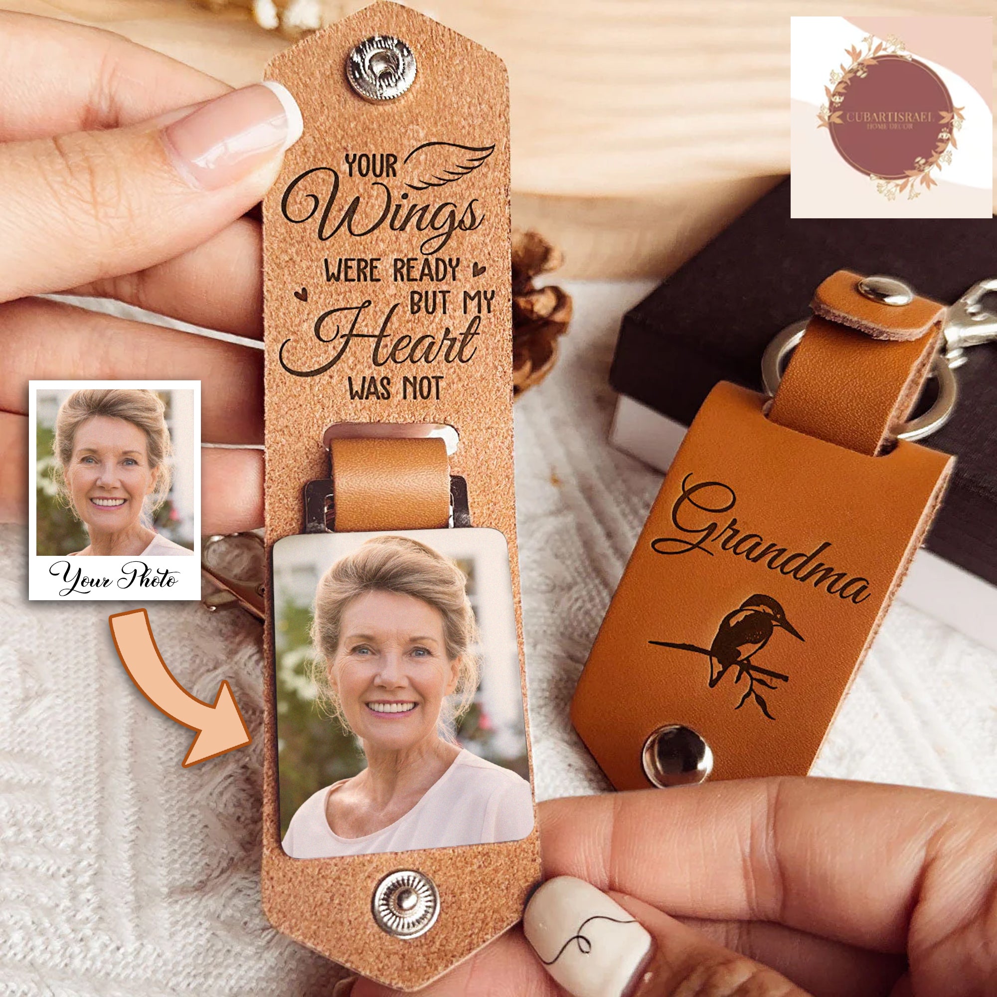 Your Wings Were Ready But My Heart Was Not Personalized Photo Leather Keychain, Memorial Gift