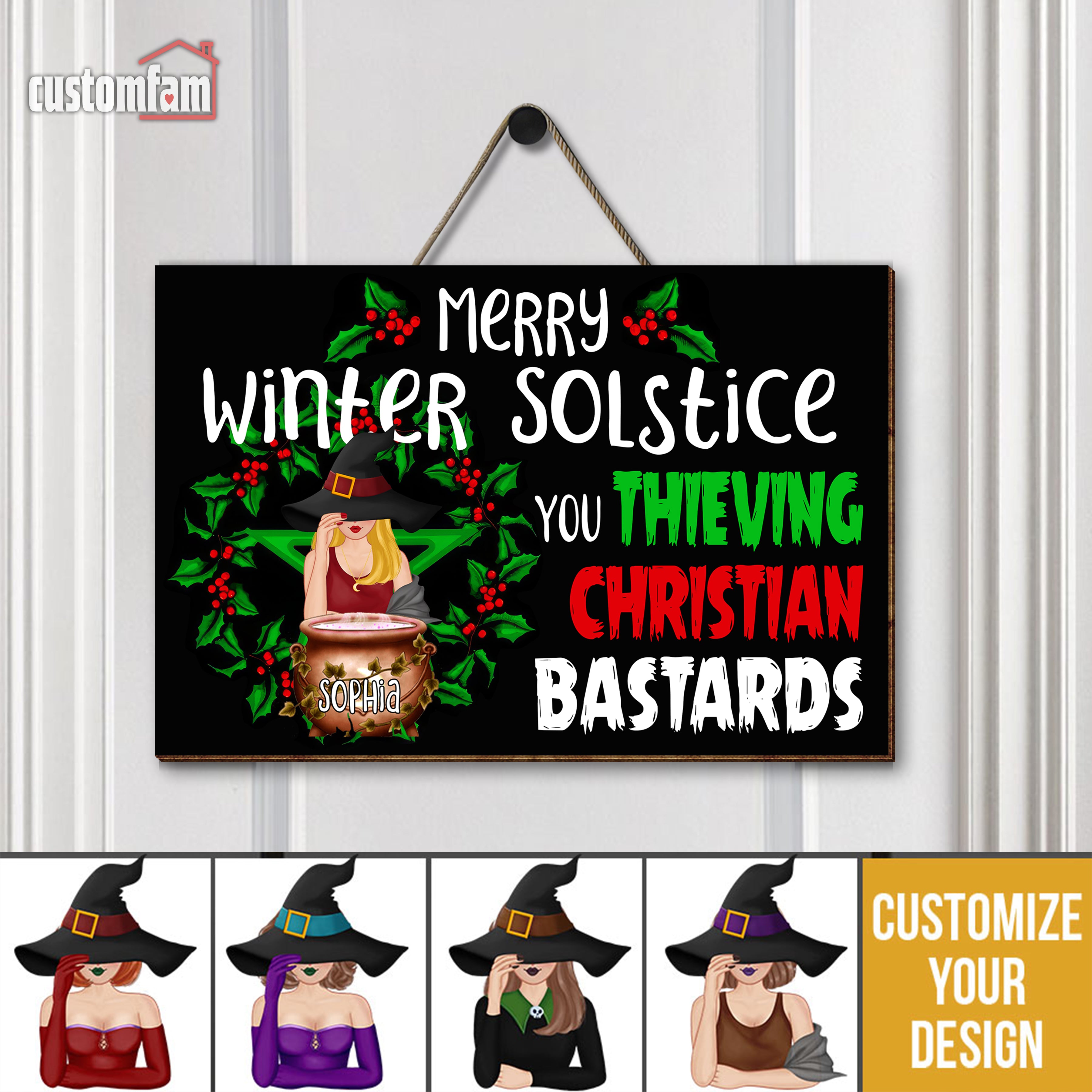 Merry Winter Solstice Personalized Witch Wood Door Sign, Halloween Decor