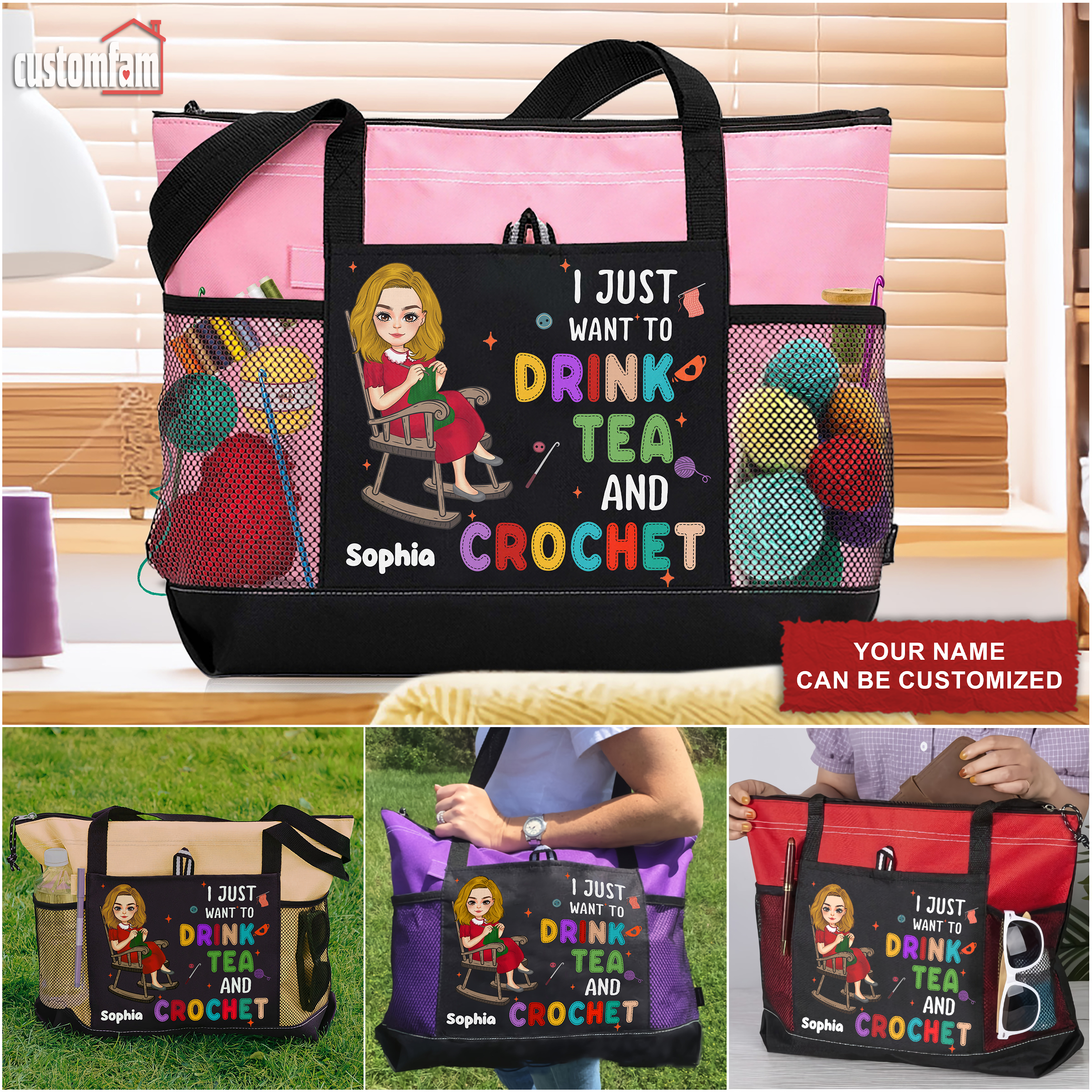 I Just Want To Drink Tea And Crochet Personalized Tote Bag, Gift Ideas For Crochet Lovers