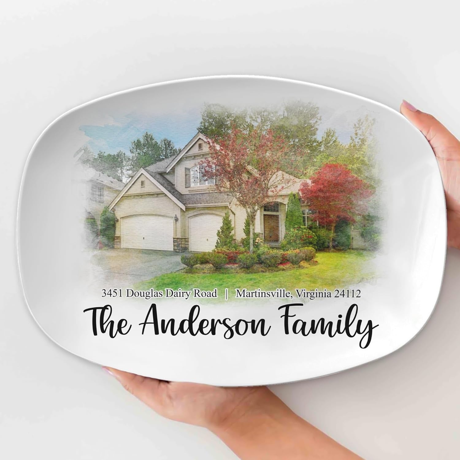 Personalized Watercolor House Portrait Platter, Custom Photo First Home Platter Serving Plates, Mother's Day Gift, Housewarming Gift