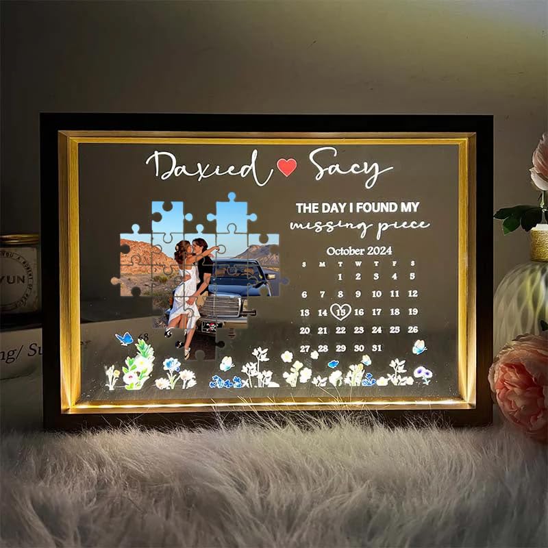 The Day I Found My Missing Piece, Personalized LED Wood Frame Lamp, Gift for Couple, Valentine's Day Gifts