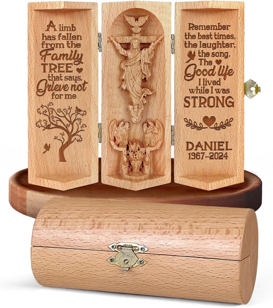 Memorial For Loved One Personalized Openable Wooden Cylinder Sculpture Of Jesus Christ, Catholic Gift