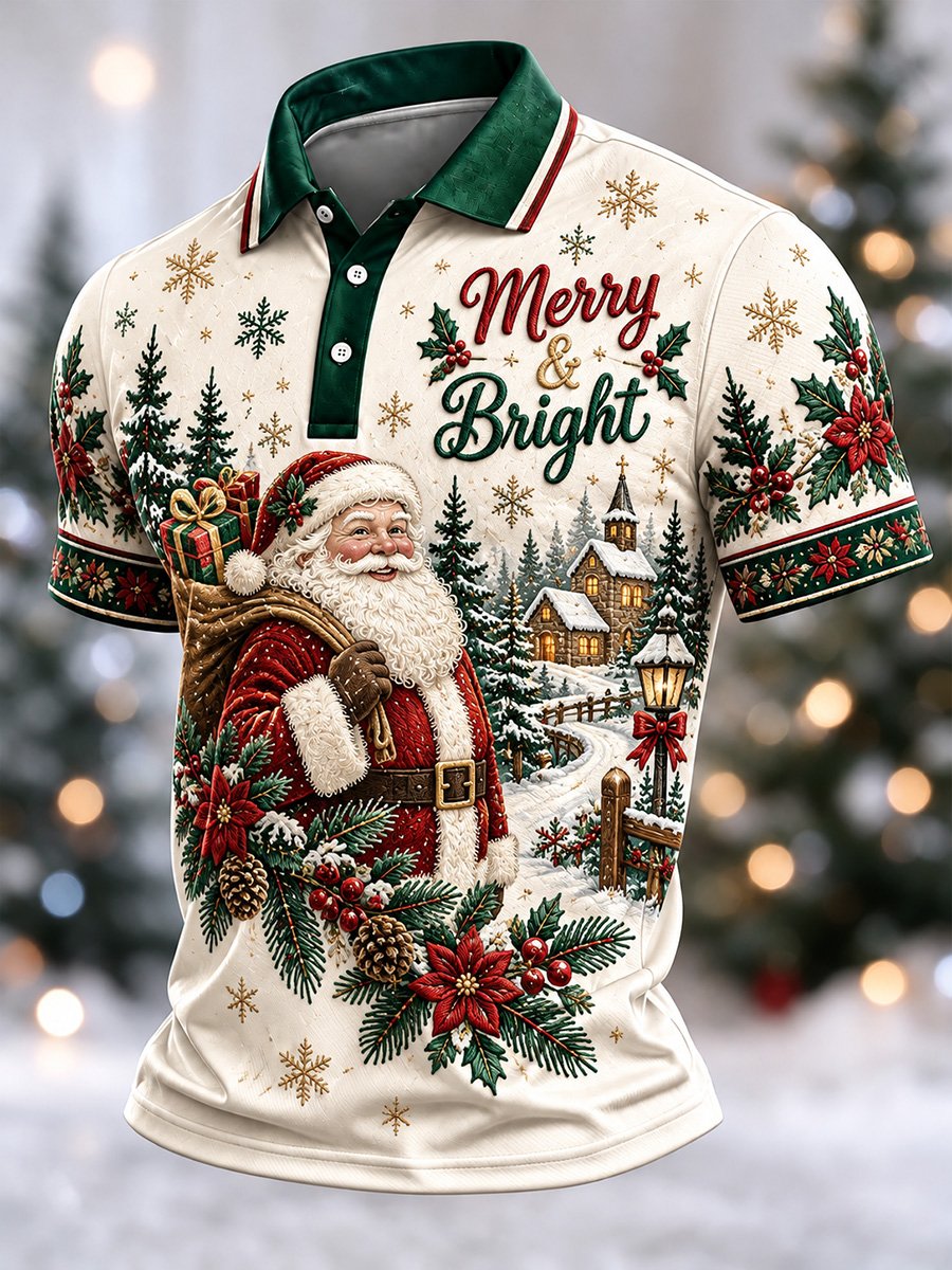 Merry And Bright Santa Poinsettia Christmas Polo Shirt for Men