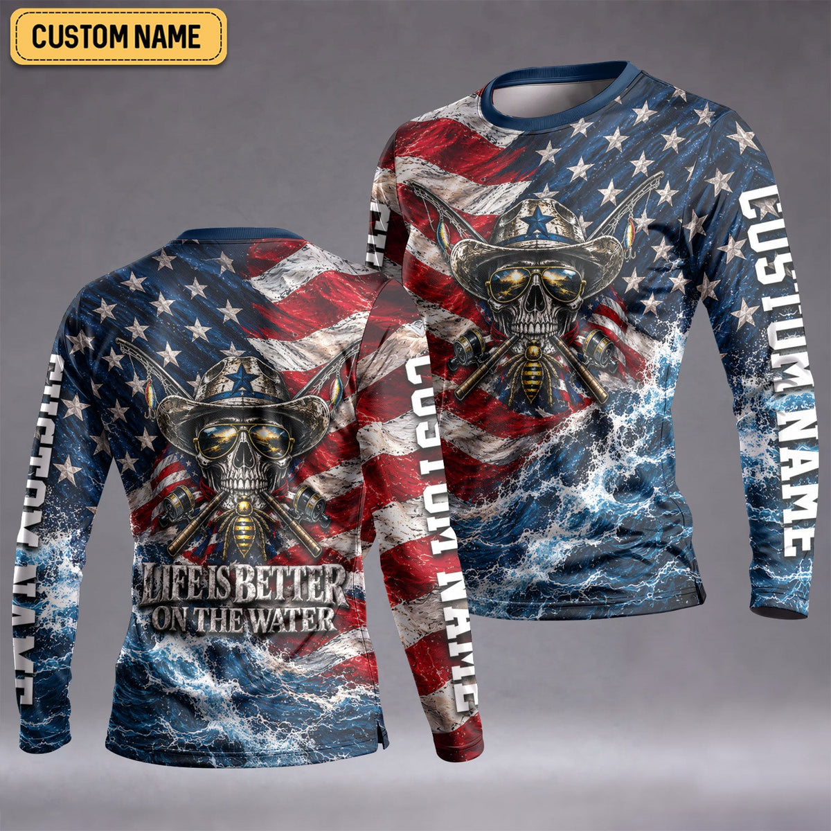 Life Is Better On The Water American Flag Skull Custom UPF Shirt, Fishing Jersey, Womens Fishing Tee