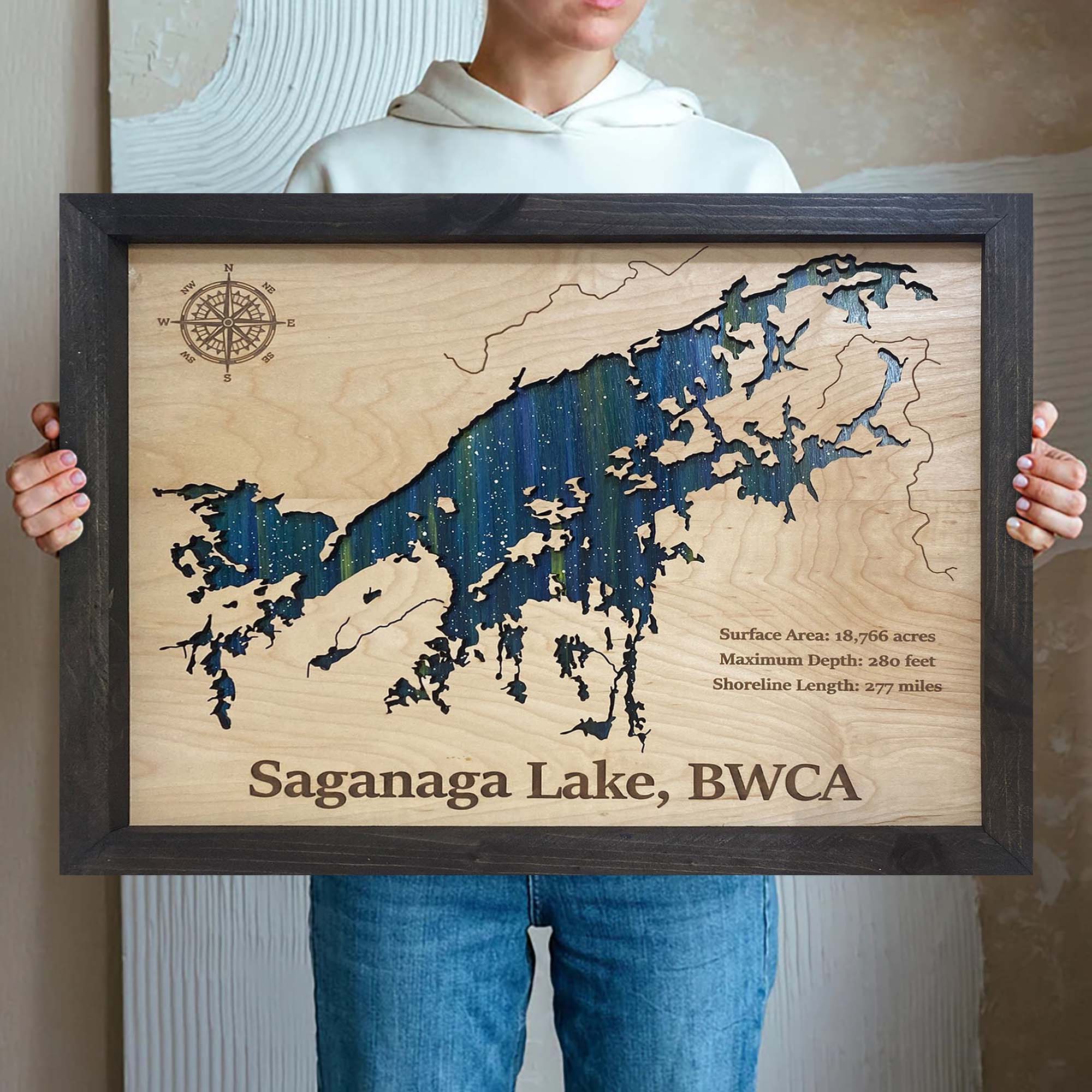 Personalized Any Lake Wood Art, Starry Night Painting 3D Lake Map, Lake Wall Art