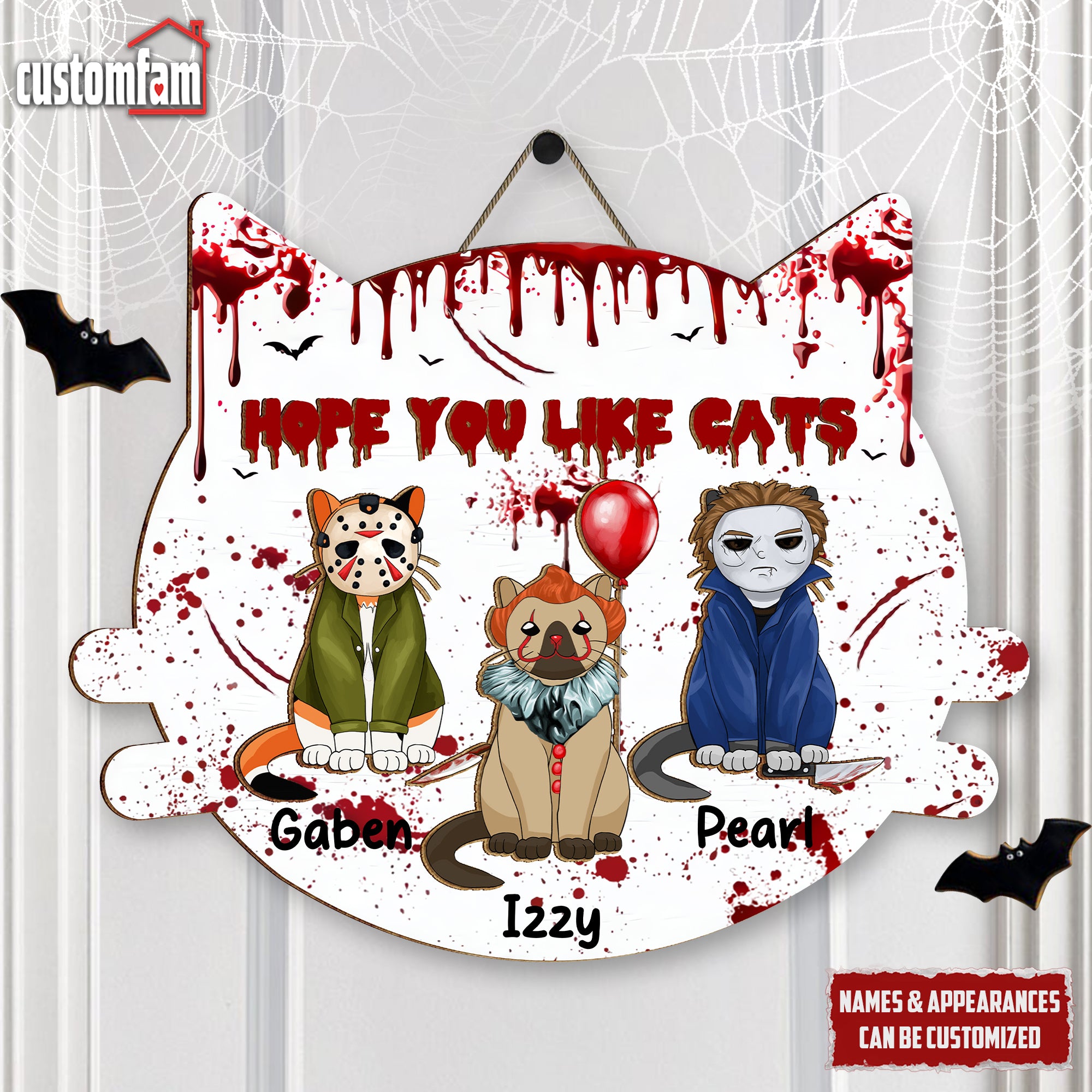 Hope You Like Cats Personalized Horror 2 Layered Wooden Door Sign, Cat Lovers Gift, Halloween Decor