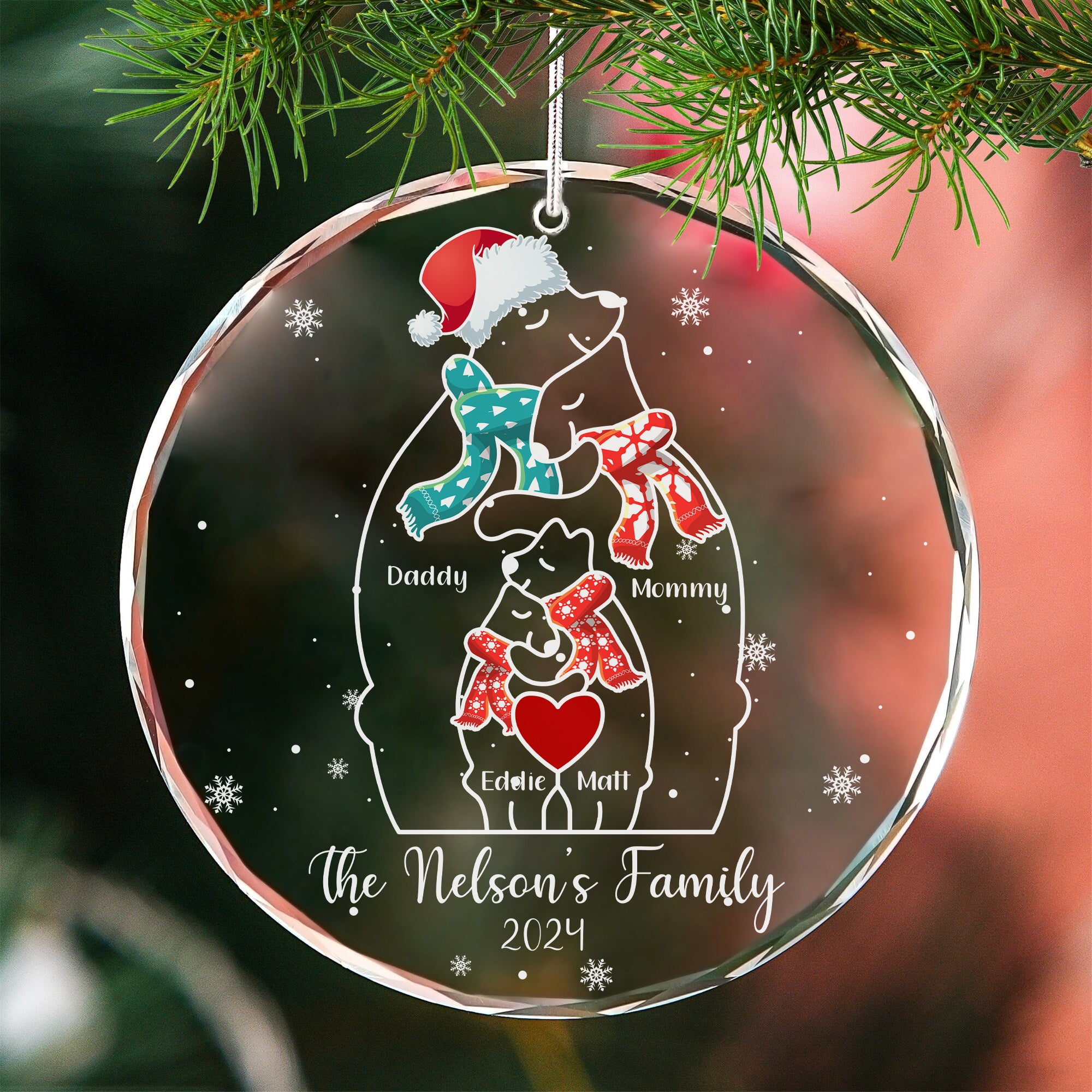 Bear Family Puzzle Personalized Christmas Glass Ornament, Family Gifts