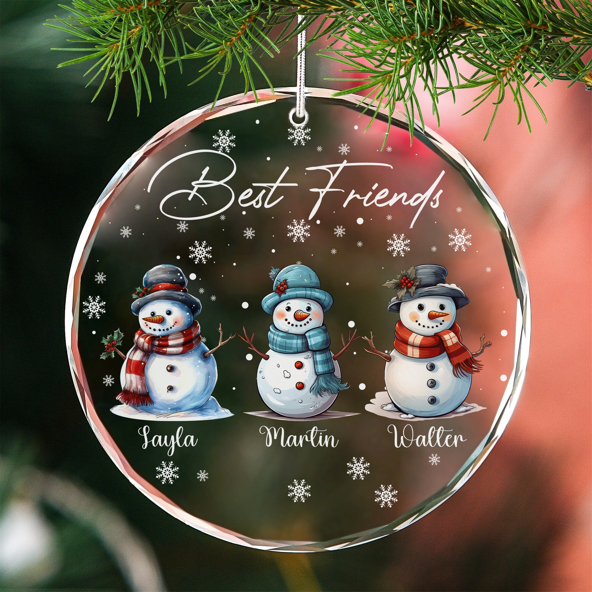 Custom Snowman Christmas Glass Ornament, Best Friends Gift