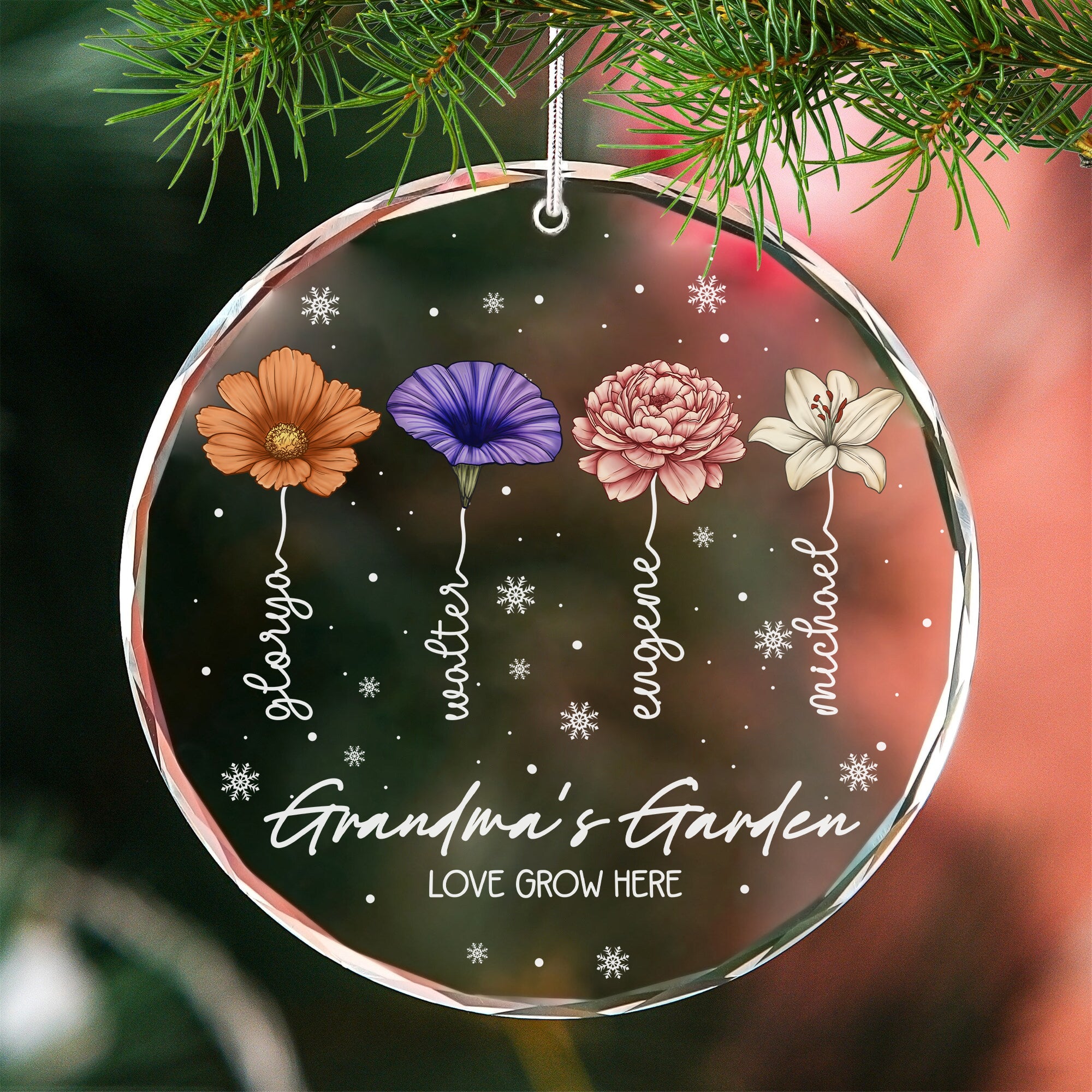 Grandma's Garden Love Grow Here Personalized Christmas Glass Ornament, Birth Flower Gift