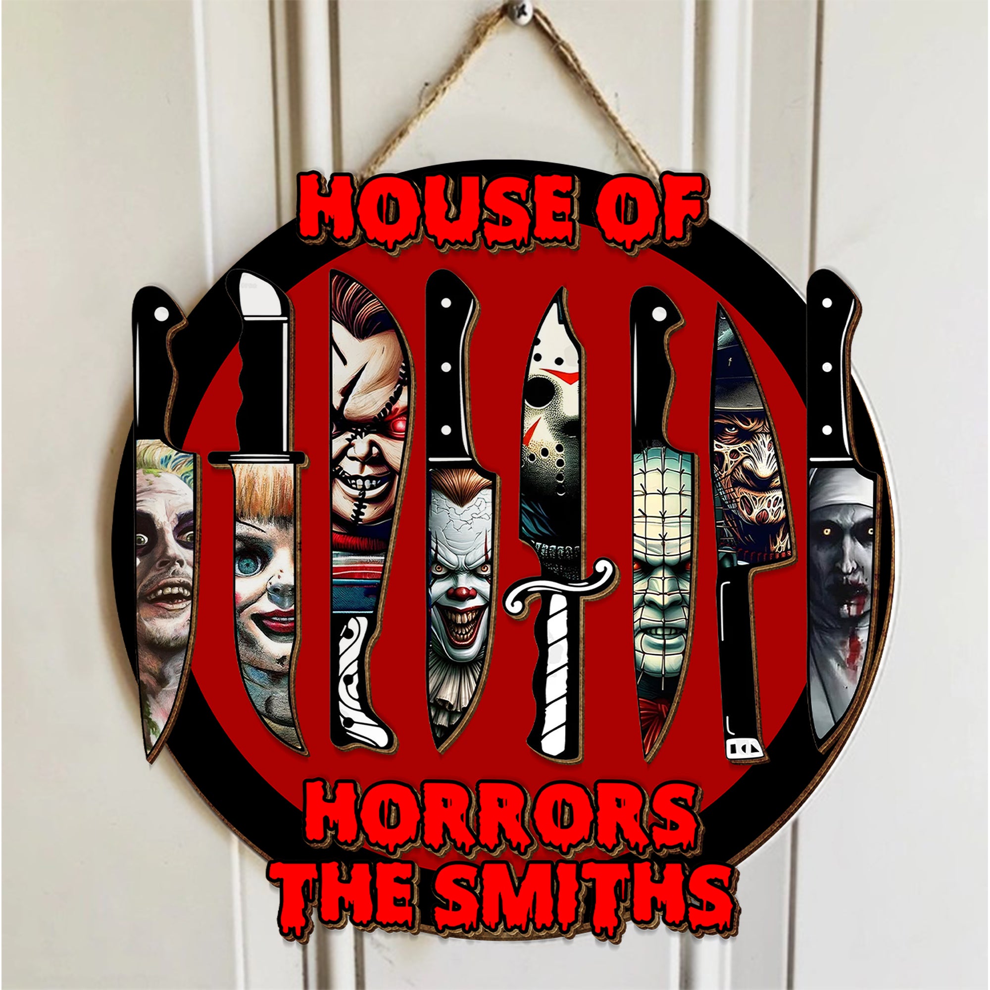 House Of Horrors  Knife Personalized 2 Layered Wooden Door Sign, Horror Movie Fan Gift, Halloween Decor