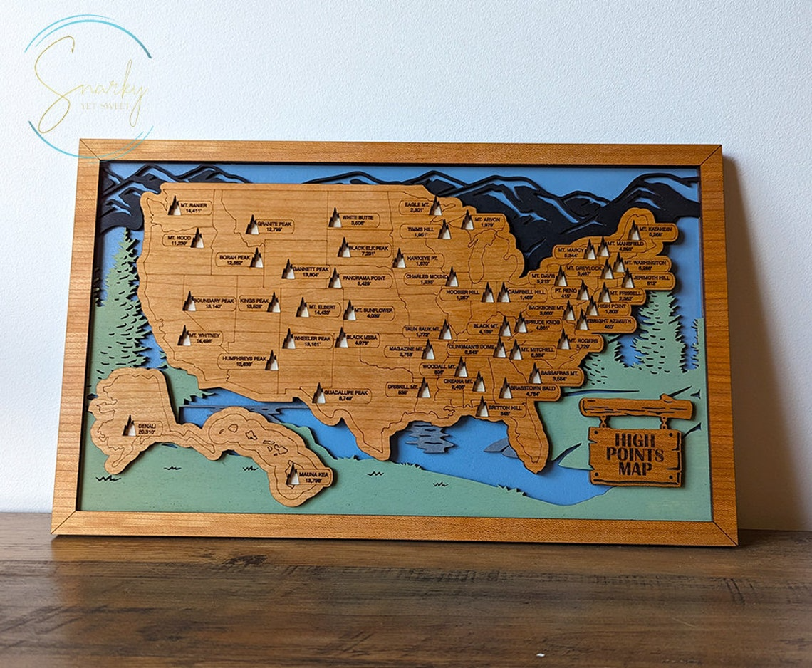 Highest Points In Each State Map, Highest Points Travel Map Tracker, Best Gifts For Hikers