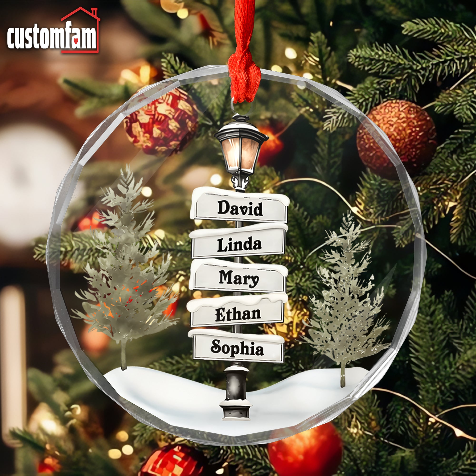 Personalized Family Name Christmas Tree Sign Point Glass Ornament, Christmas Tree Decor