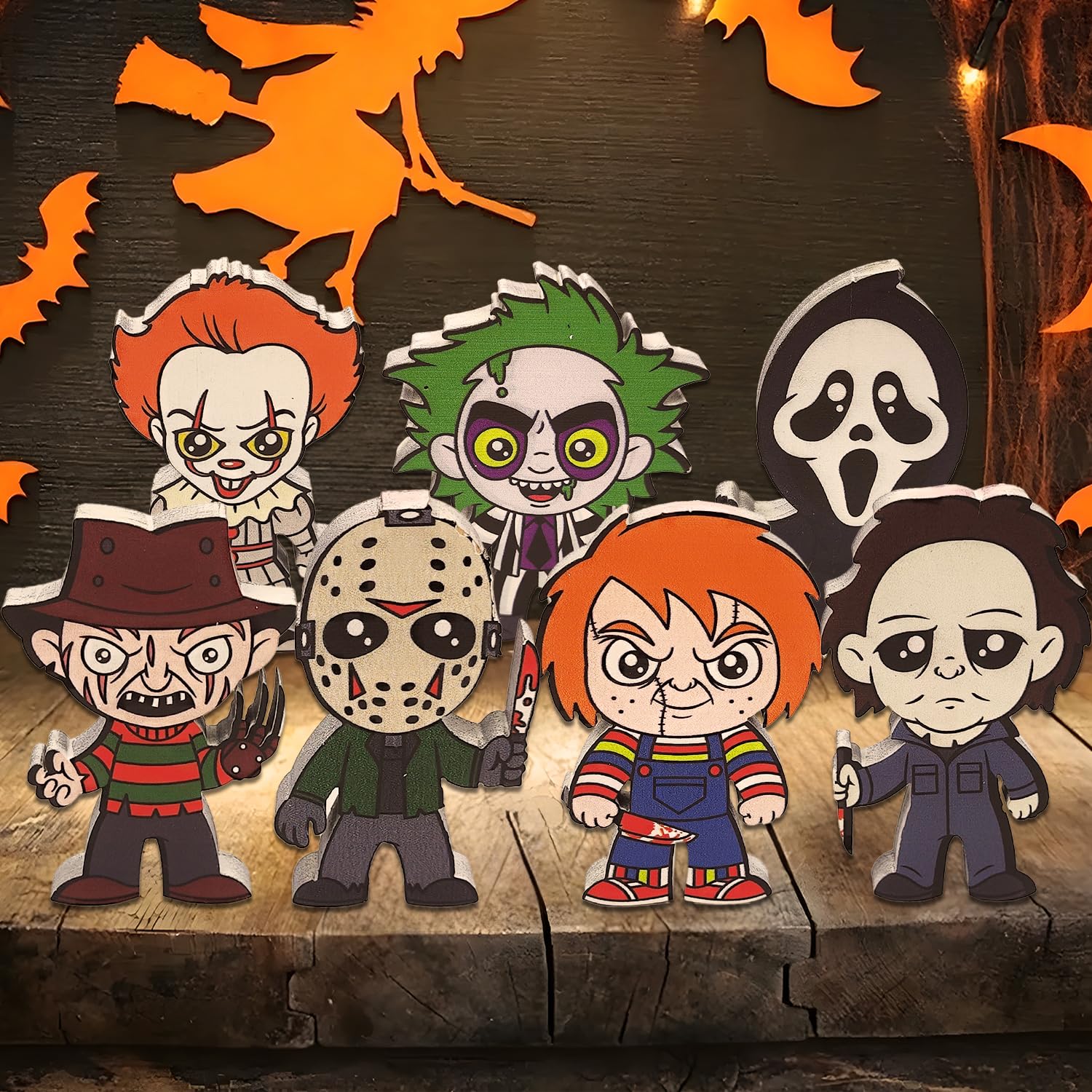 Double-Sided Wooden Table Horror Movie Characters, Halloween Decor