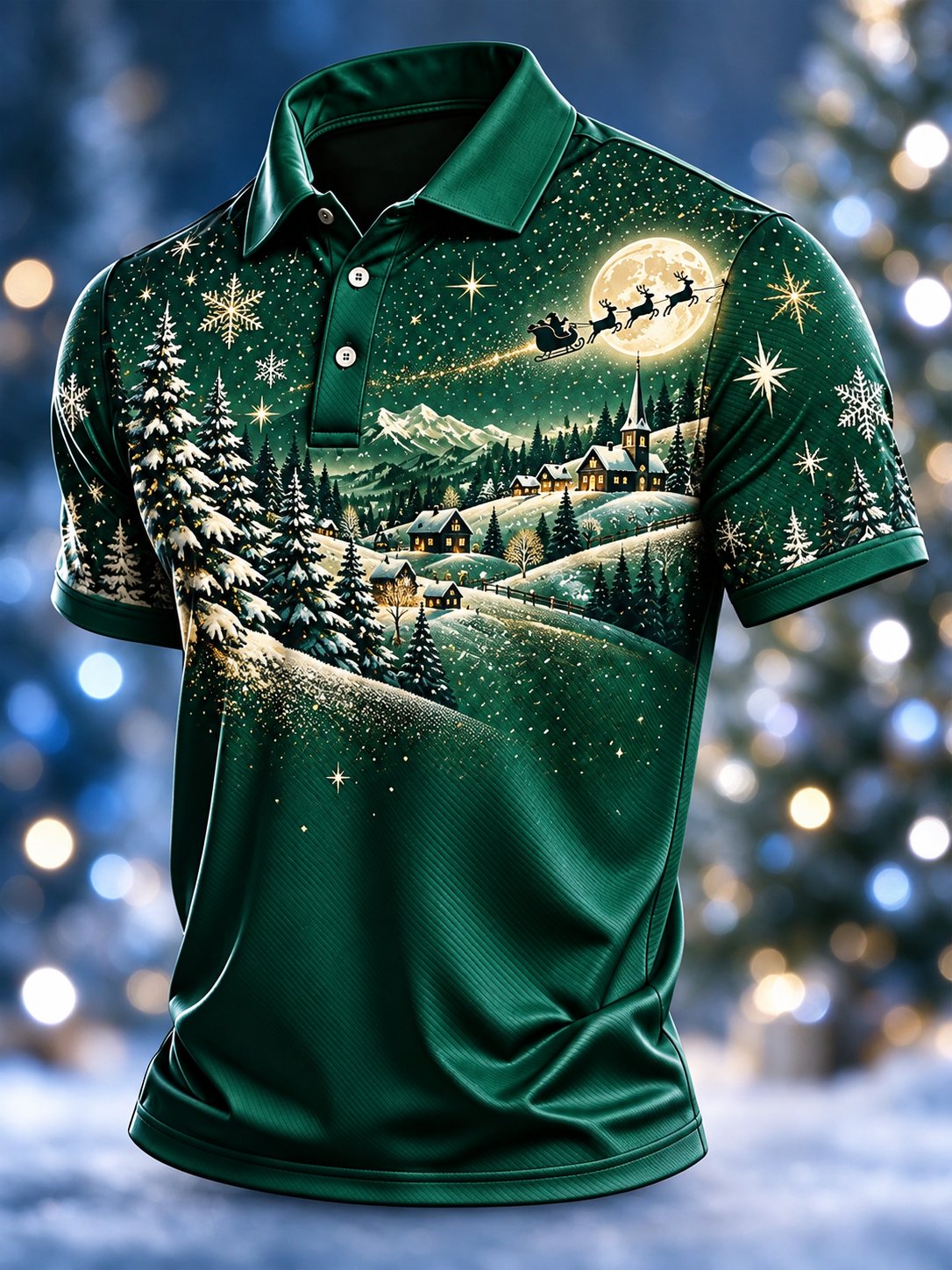 Green Moonlight Santa Sleigh Christmas Polo Shirt for Men