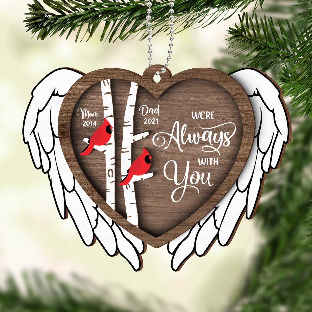 We're Always With You Cardinal Memorial Wood Christmas Ornament, Sympathy Gift