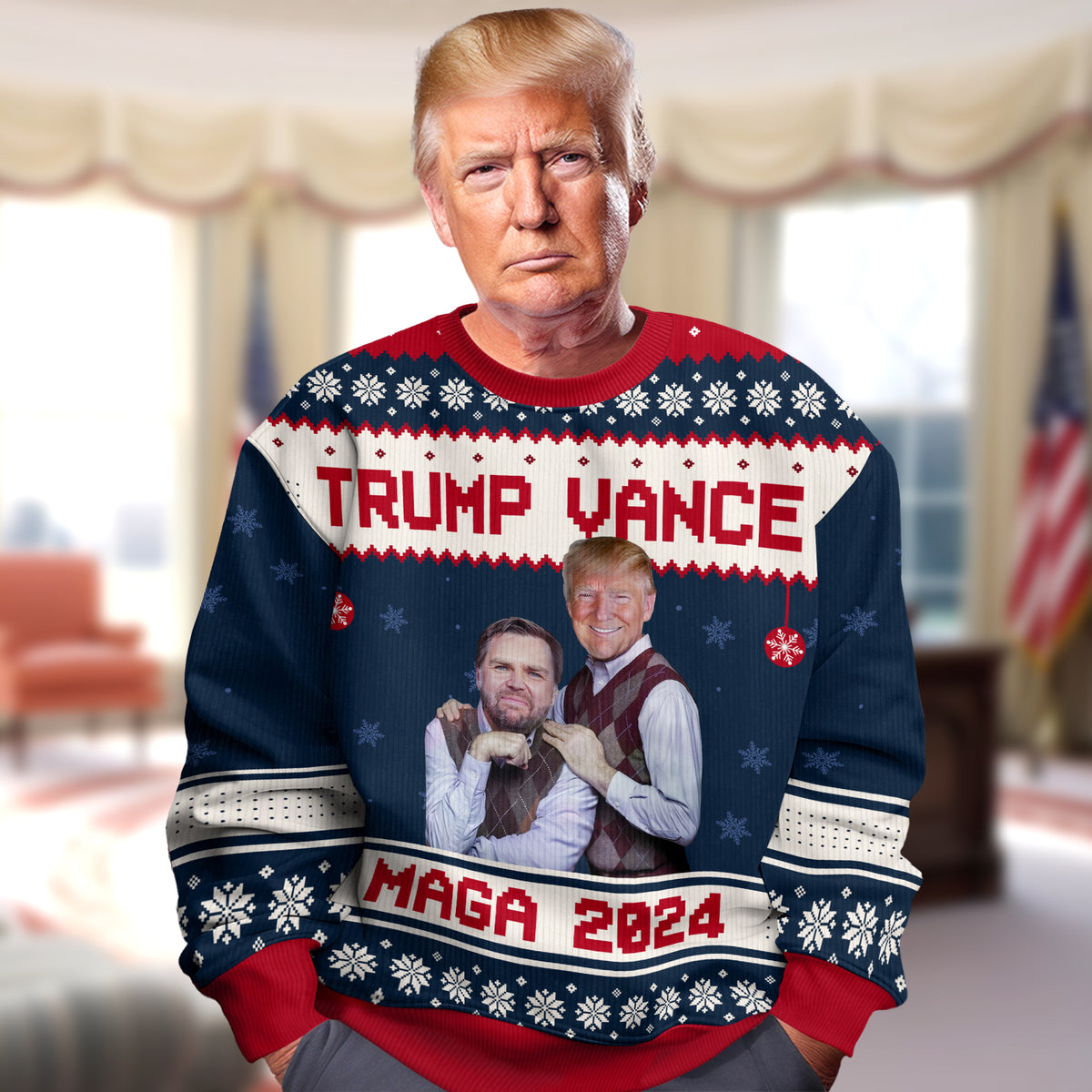 Trump2024 Vance Custom Ugly Christmas Sweater, Funny Political Shirt, Christmas Sweater