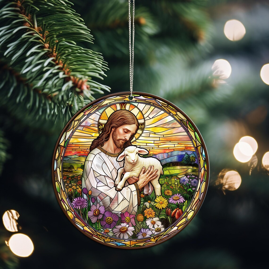 Jesus Hugging Sheep Suncatcher Ornament, Jesus Christ Ornament, Jesus Christmas Decor, Christian Gifts