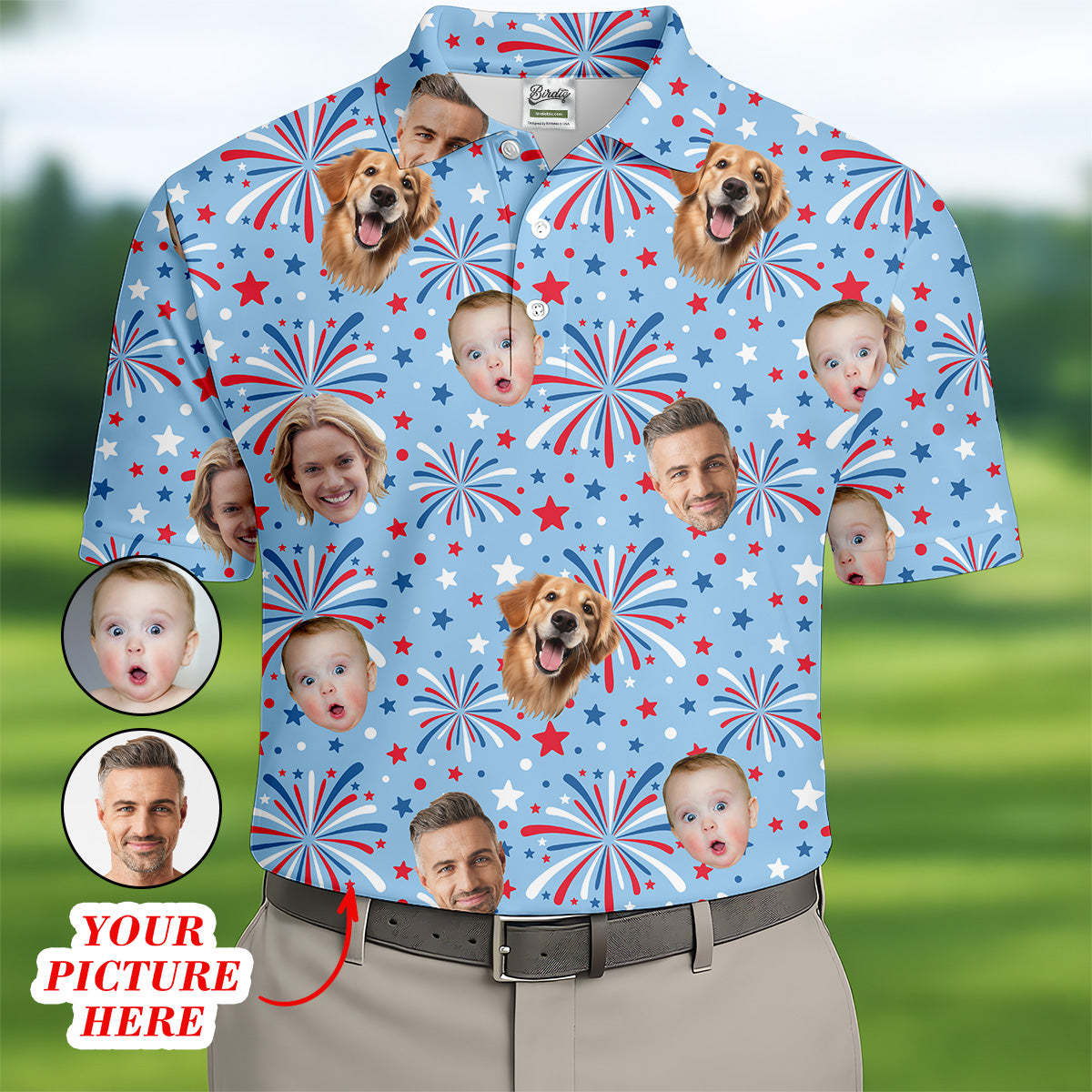 4th Of July Custom Shirts With Faces, Patriotic Golf Shirt, Men's Golf Polo Shirt, USA Golf Shirt