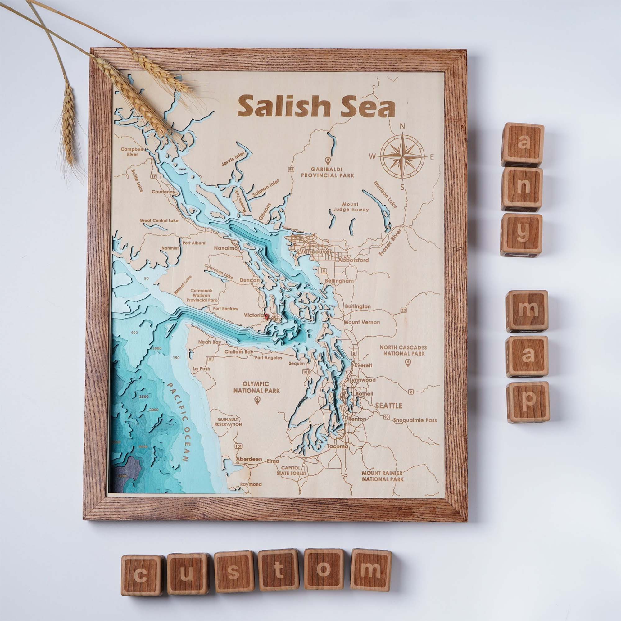 Salish Sea Personalize Wood Art, Ocean Topographic Map, Ocean Wall Art