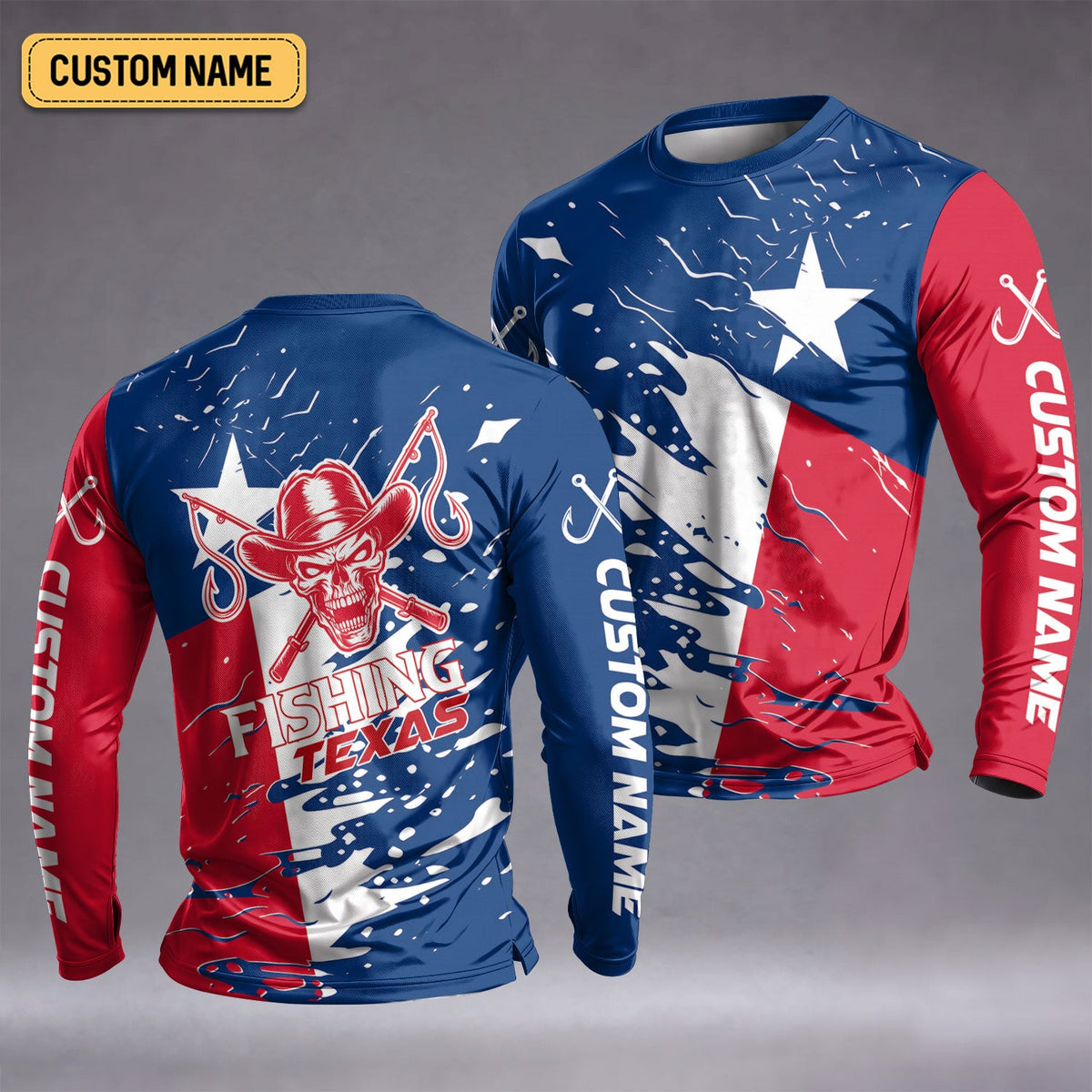 Texas Cowboy Skull Custom Name UPF Shirt, Fishing Sun Shirt, Mens Fishing Apparel