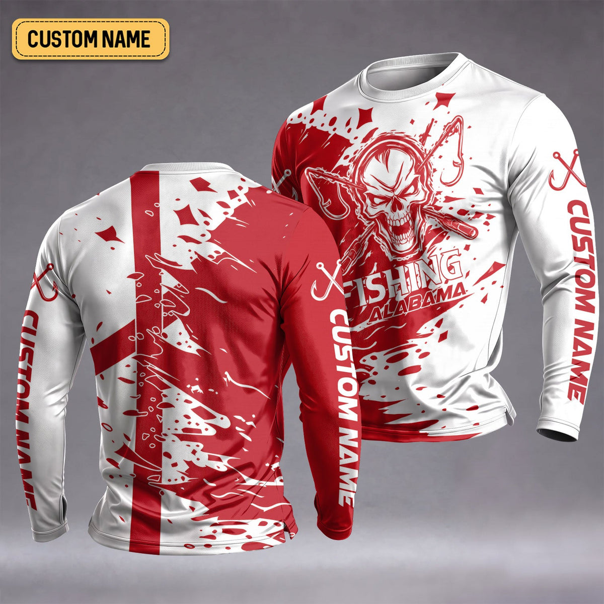 Alabama Skull Fishing Custom Name UPF Shirt, Long Sleeve Fishing Shirt, Mens Fishing Apparel