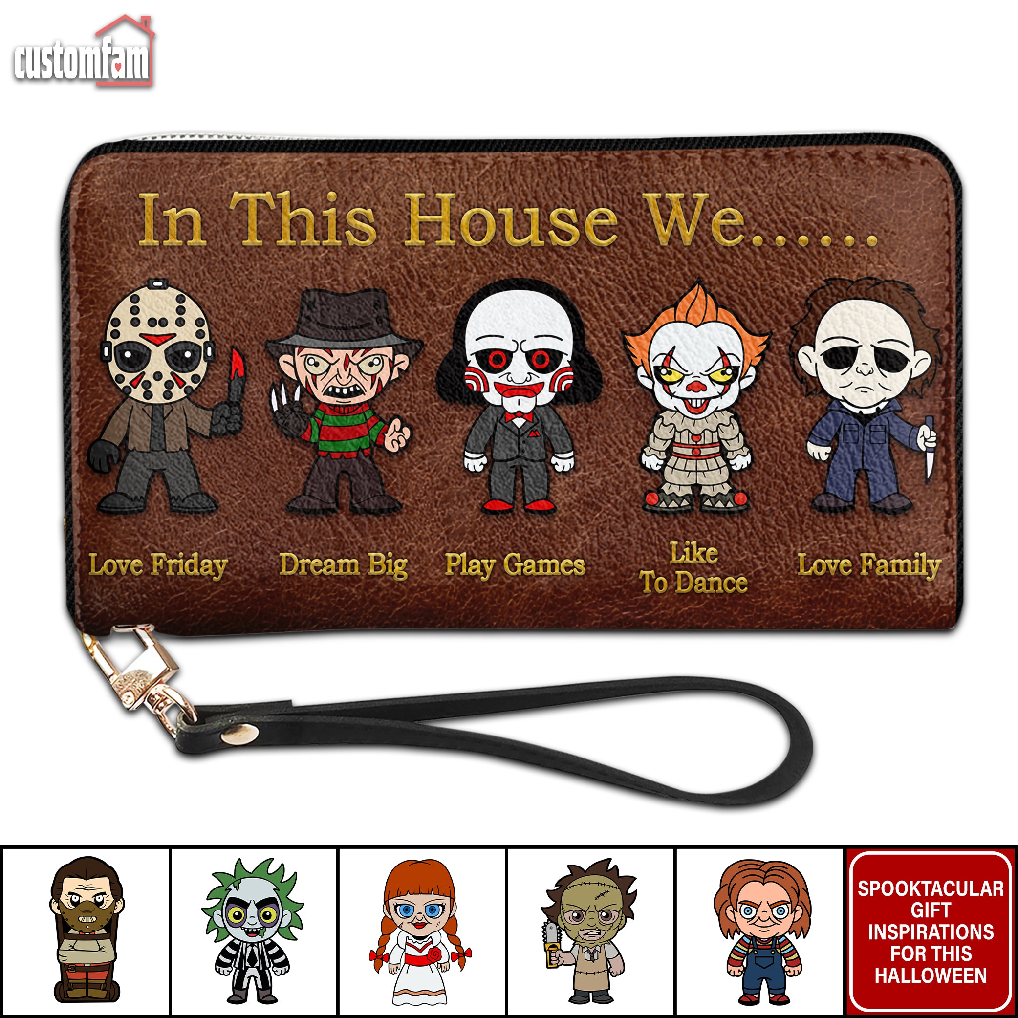 In This House Horror Characters Personalized Leather Wallet, Halloween Horror Movies Fan Gift