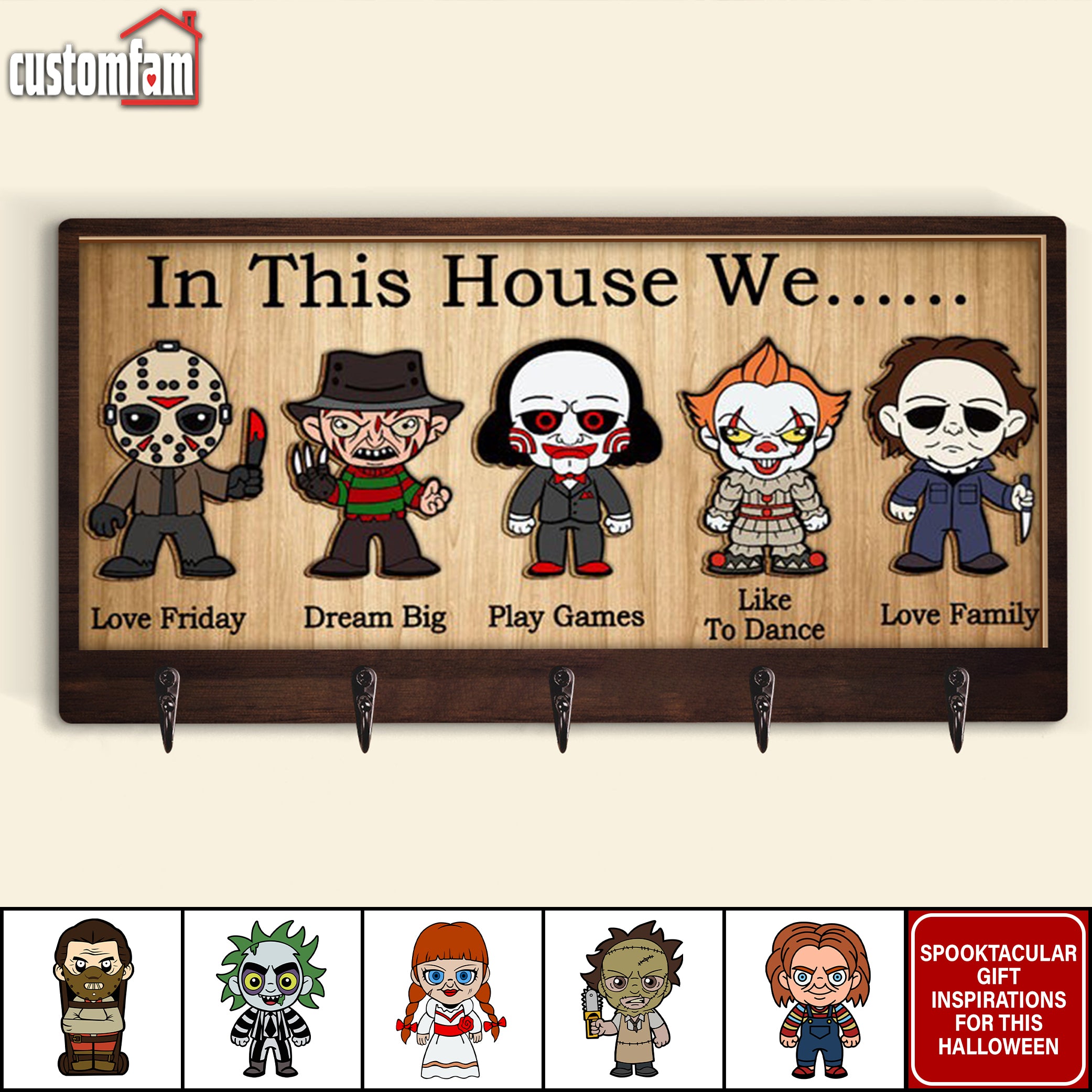 In This House We Horror Personalized Wooden Key Holder, Scary Movies Fan Gifts, Halloween Decor